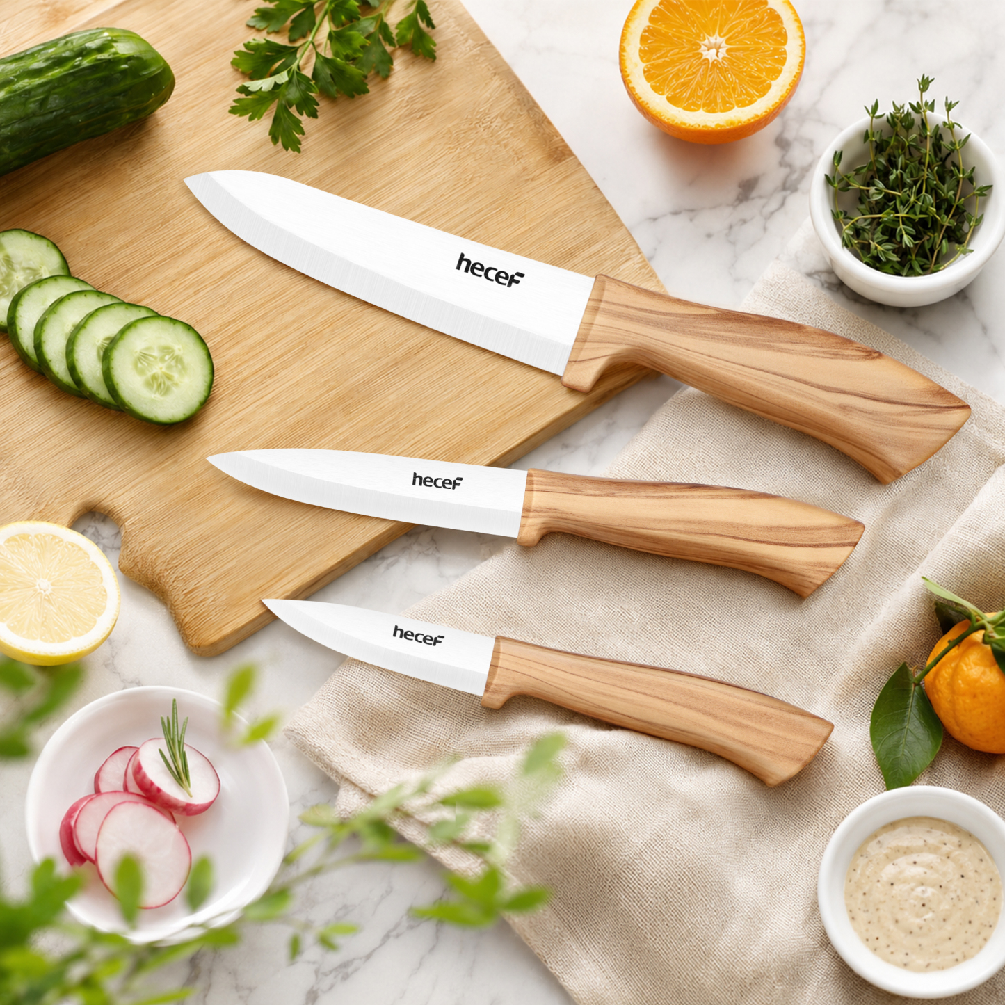 Hecef 3 Piece Ceramic Knife Set With Blade Covers, Ergonomic Wood Grain Handles