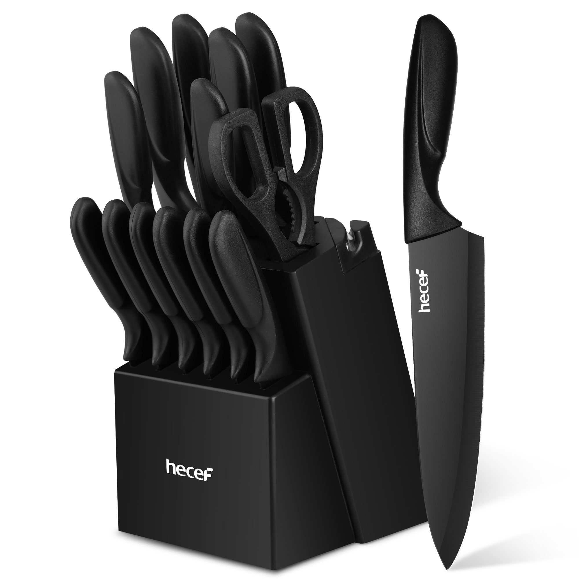 Hecef 15-Piece Kitchen Knife Block Set, Dishwasher Safe Stainless Steel Blades for Cooking and Chopping
