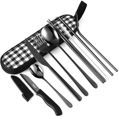 hecef 11 PCS Black Titanium Plating Travel Cutlery Set with Compact Carrying Box& Bag(Black)