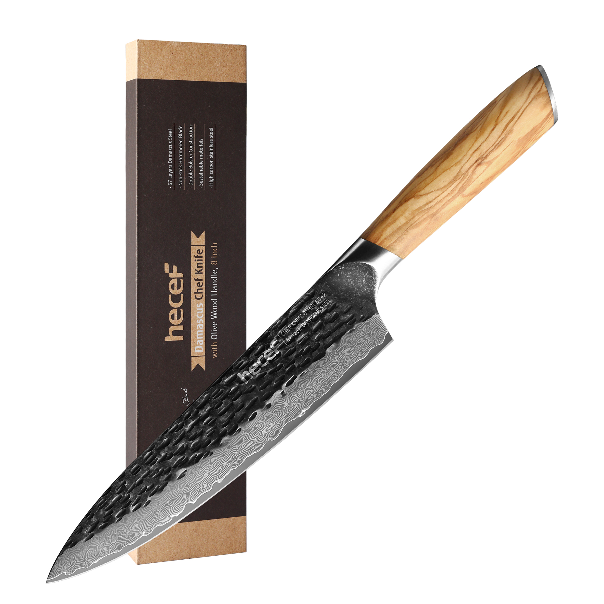 Hecef 8-Inch Japanese Chef Knife, Forged 67-Layer Damascus Steel Ultra Sharp Professional Hammered Carving Knife