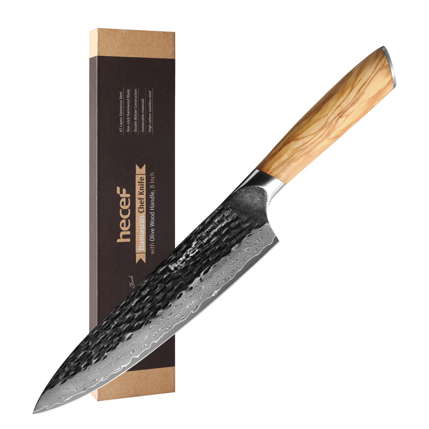 Hecef 8-Inch Japanese Chef Knife, Forged 67-Layer Damascus Steel Ultra Sharp Professional Hammered Carving Knife