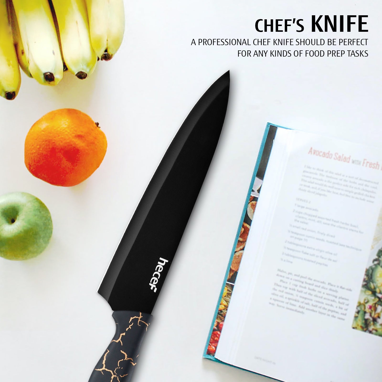 hecef 5 PCS Non-stick Coated Kitchen Knife Set with PP Handle and Protective Sheath, Exclusive Black Chef knife set, Scratch Resistance & Rust Proof (Lightning pattern) - Hecef Kitchen
