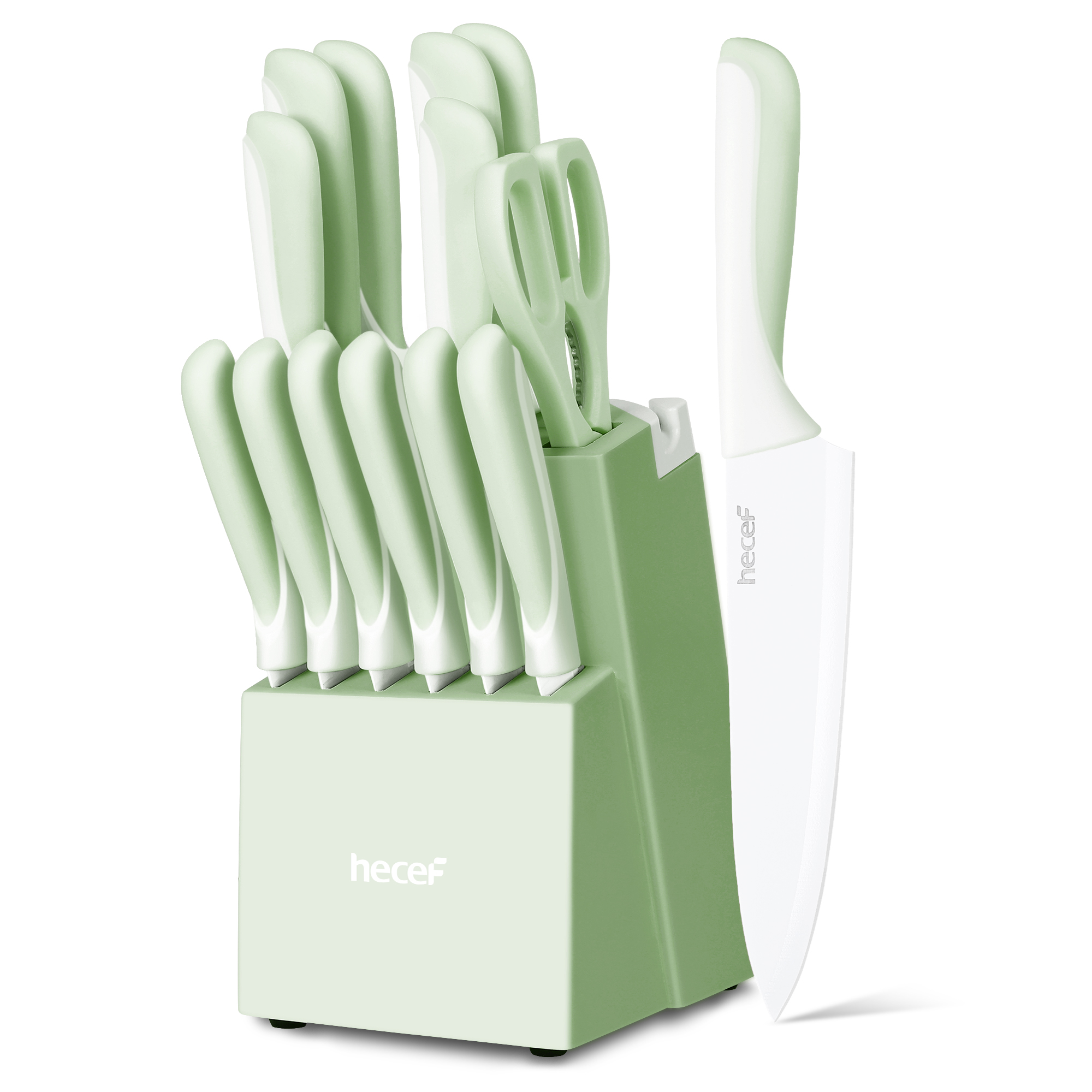 Hecef 15-Piece Knife Set with Rustproof Coating, Premium Carbon Steel Blades in Wooden Block, Dishwasher Safe Gift Set