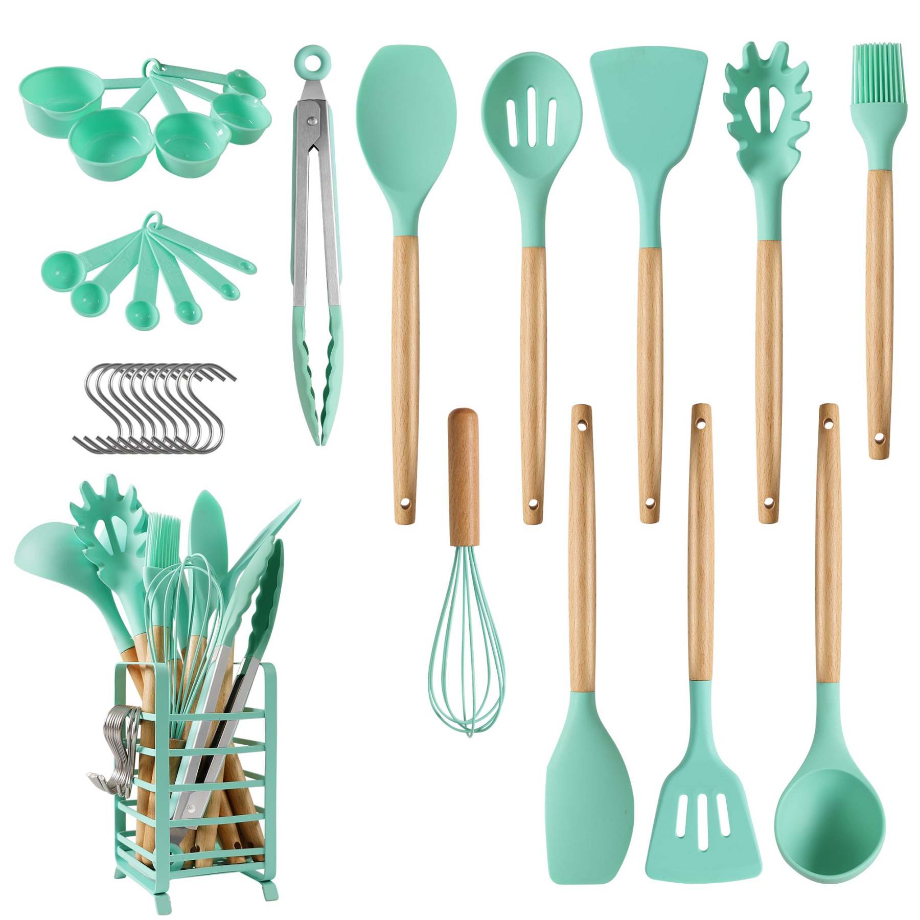 Hecef 32 PCS Kitchen Utensils Set, Silicone Cooking Utensils Set with Stainless Steel Holder, 446°F Heat Resistant Food Grade Kitchen Gadgets Tools Set Wooden Handle for Nonstick Cookware - Hecef Kitchen