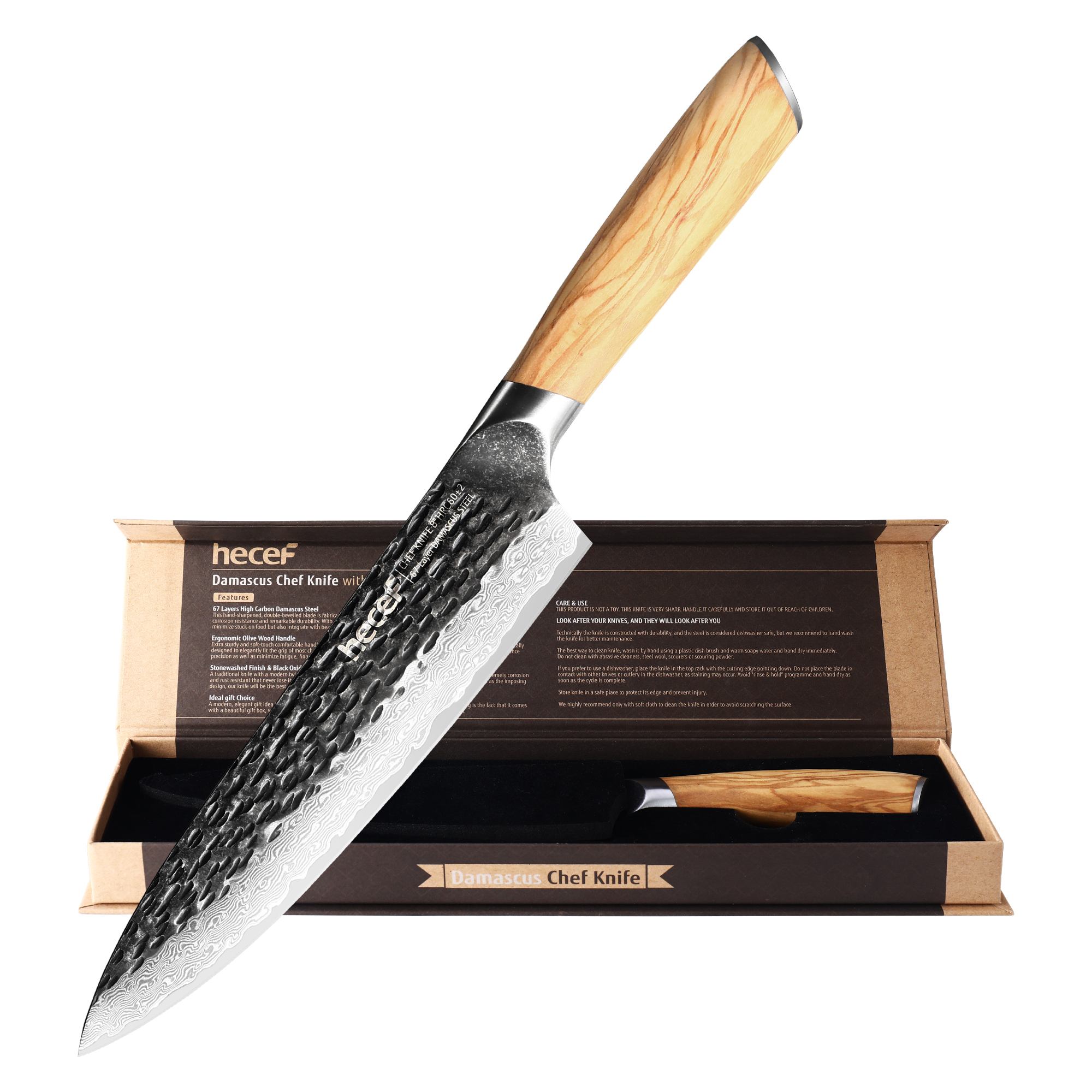 Hecef 8-Inch Japanese Chef Knife, Forged 67-Layer Damascus Steel Ultra Sharp Professional Hammered Carving Knife