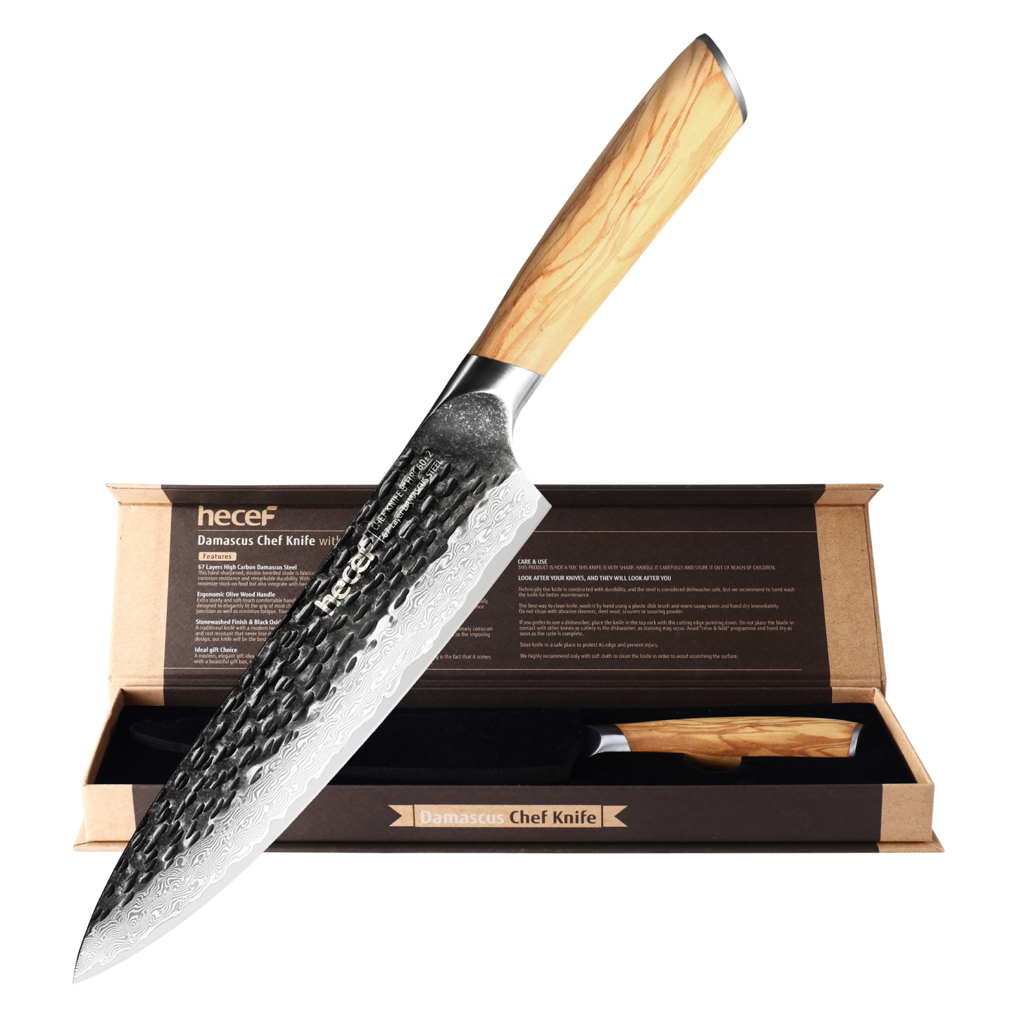 Hecef 8-Inch Japanese Chef Knife, Forged 67-Layer Damascus Steel Ultra Sharp Professional Hammered Carving Knife