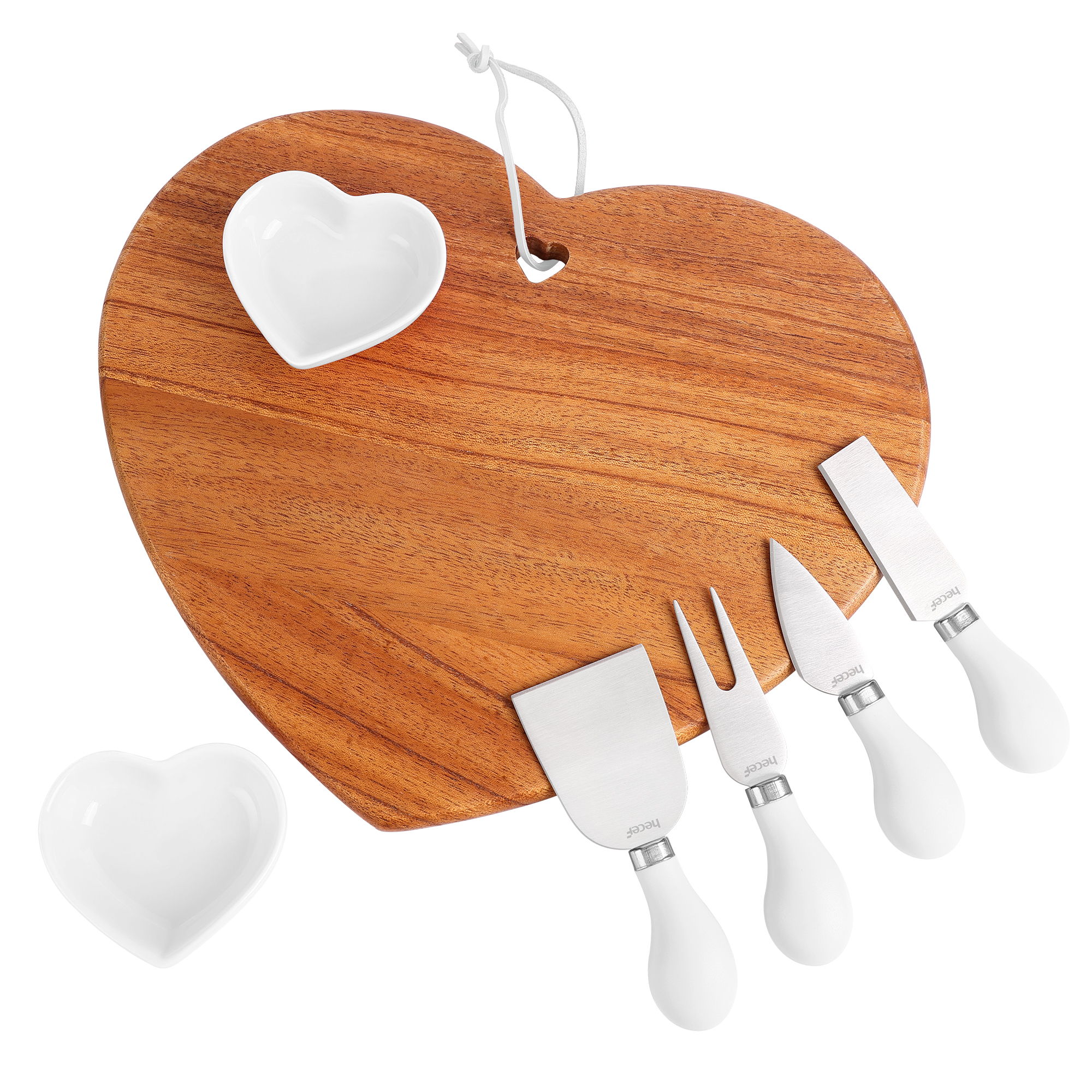 Hecef 7pcs Cheese Board Set Heart-shape Wooden Serving Board with Knives and Ceramic Bowls