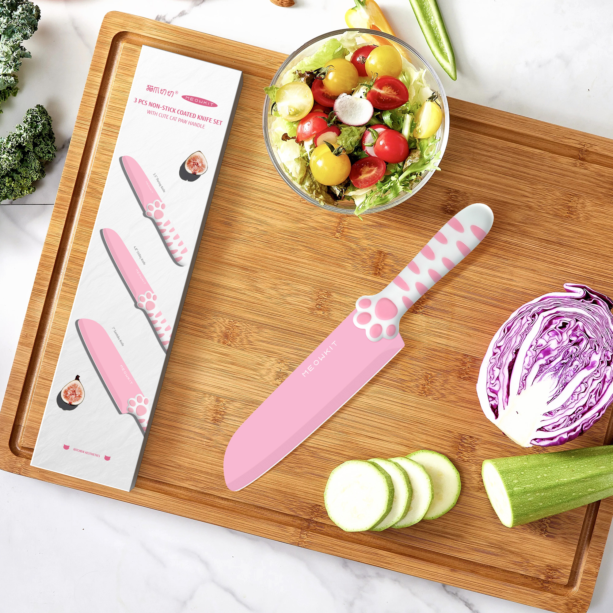 Meowkit Pink 3PCS Kitchen Knife Set Non-stick Coating Blade-PINK