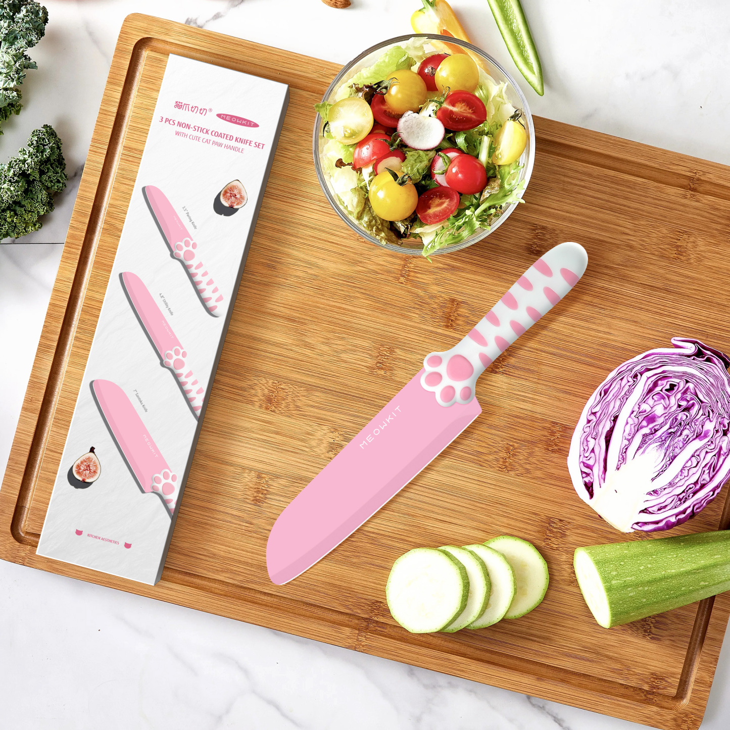 Meowkit Pink 3PCS Kitchen Knife Set Non-stick Coating Blade-PINK