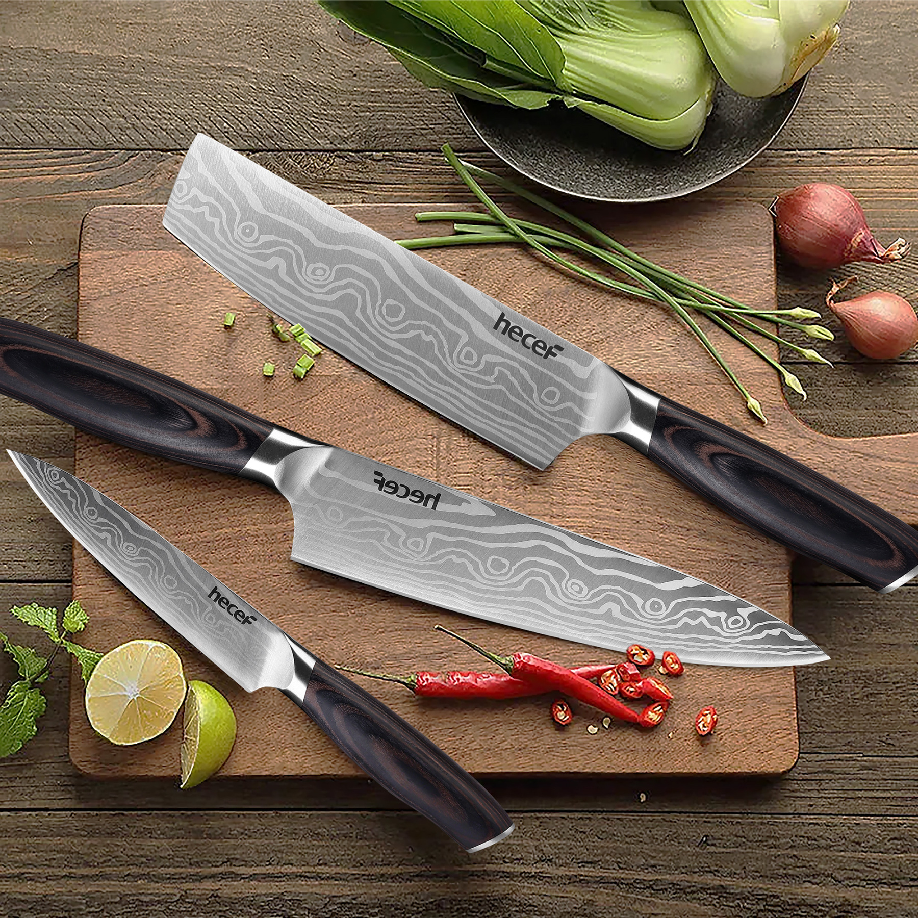 hecef 3PCS Professional Knife Set Stainless Steel Ergonomic wood Handle Laser Damascus Pattern Extra Sharp and Versatile, For Chef, Nakiri & Utility Knife, Perfect for all Kitchen Tasks