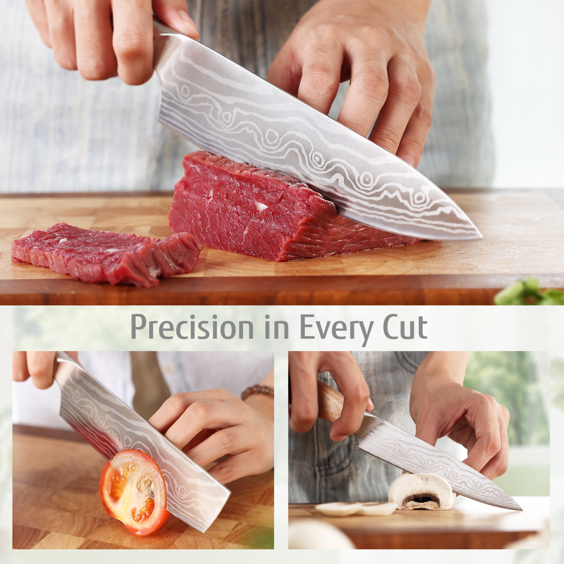 hecef 3PCS Professional Knife Set Stainless Steel Ergonomic wood Handle Laser Damascus Pattern Extra Sharp and Versatile, For Chef, Nakiri & Utility Knife, Perfect for all Kitchen Tasks