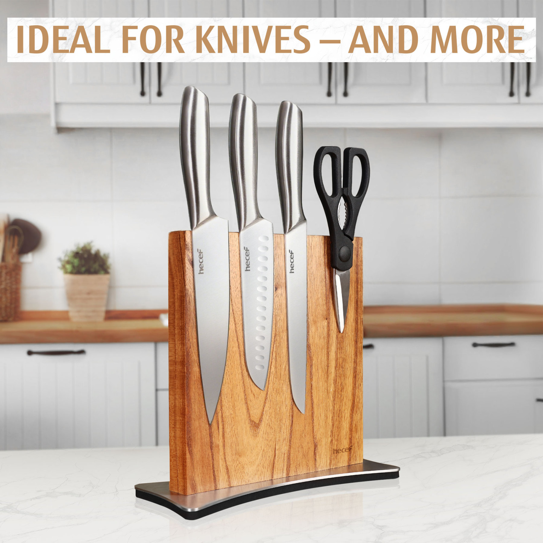 Hecef Double-Sided Magnetic Knife Block, Chinaberry Wood Knife Holder with Stainless Steel Base