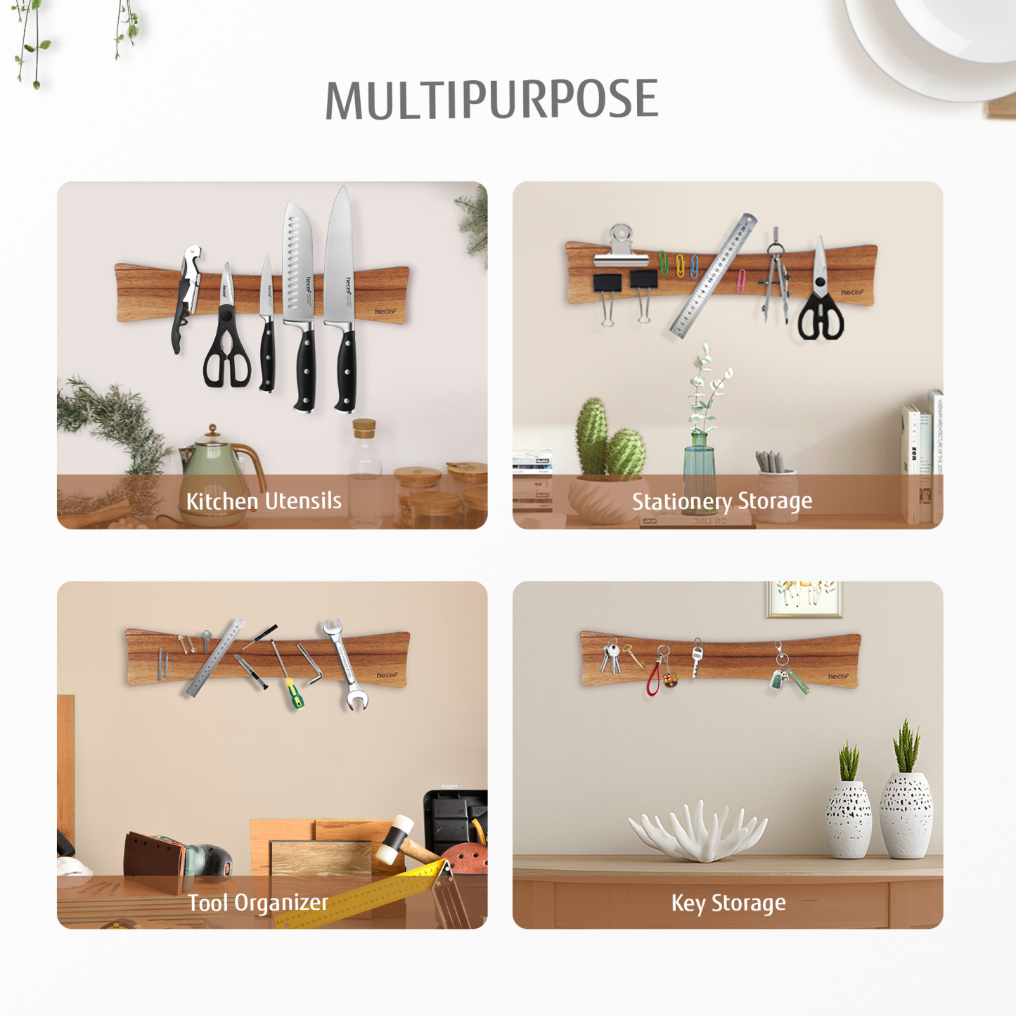 Hecef 15.7 In Chinaberry Wood Magnetic Knife Strip with Powerful Magnets for Wall, Kitchen Knife Organizer Rack