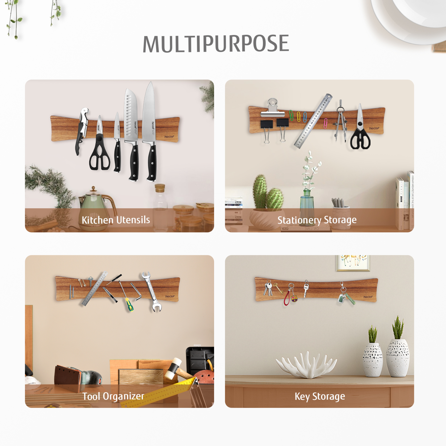 Hecef 15.7 In Chinaberry Wood Magnetic Knife Strip with Powerful Magnets for Wall, Kitchen Knife Organizer Rack