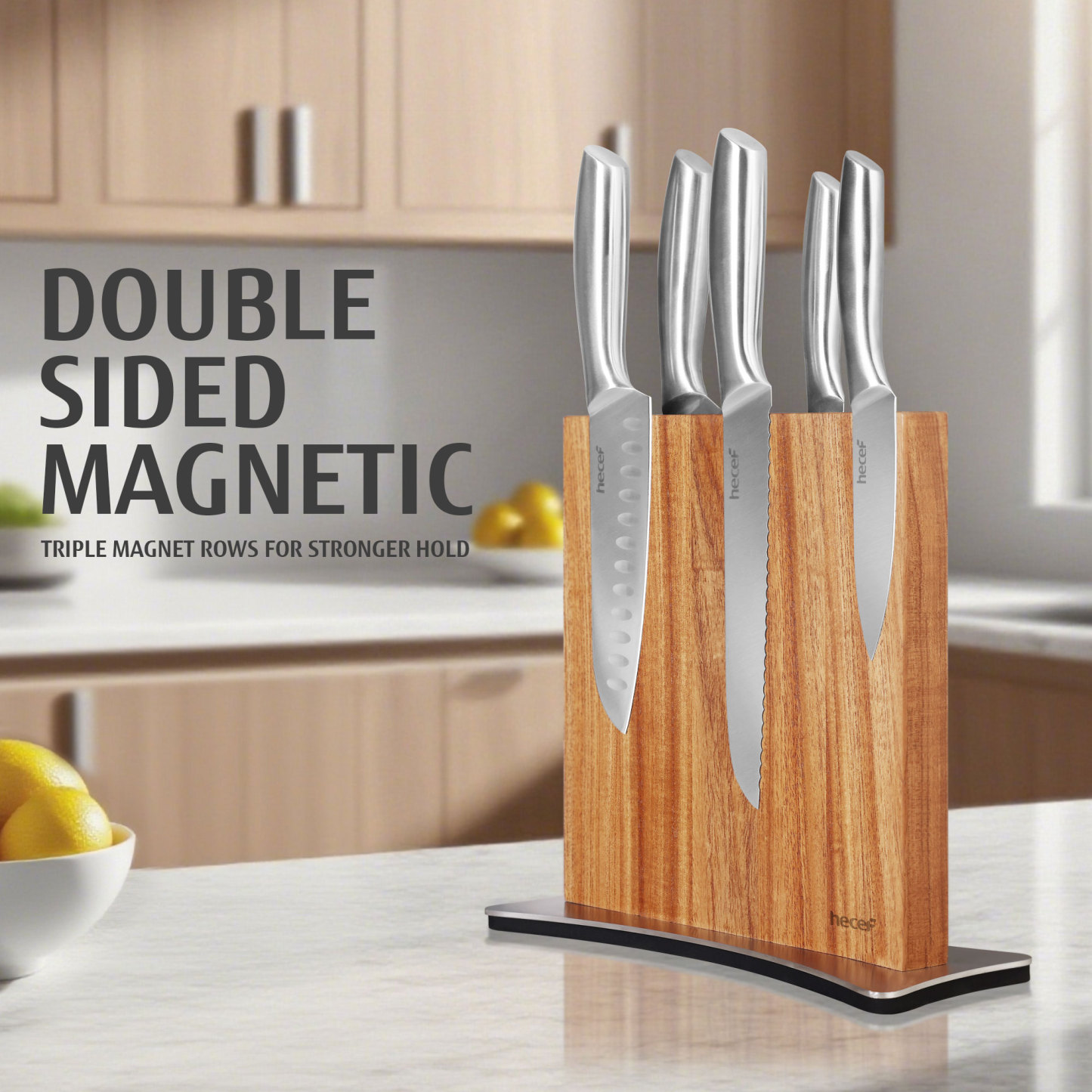 Hecef Double-Sided Magnetic Knife Block, Chinaberry Wood Knife Holder with Stainless Steel Base
