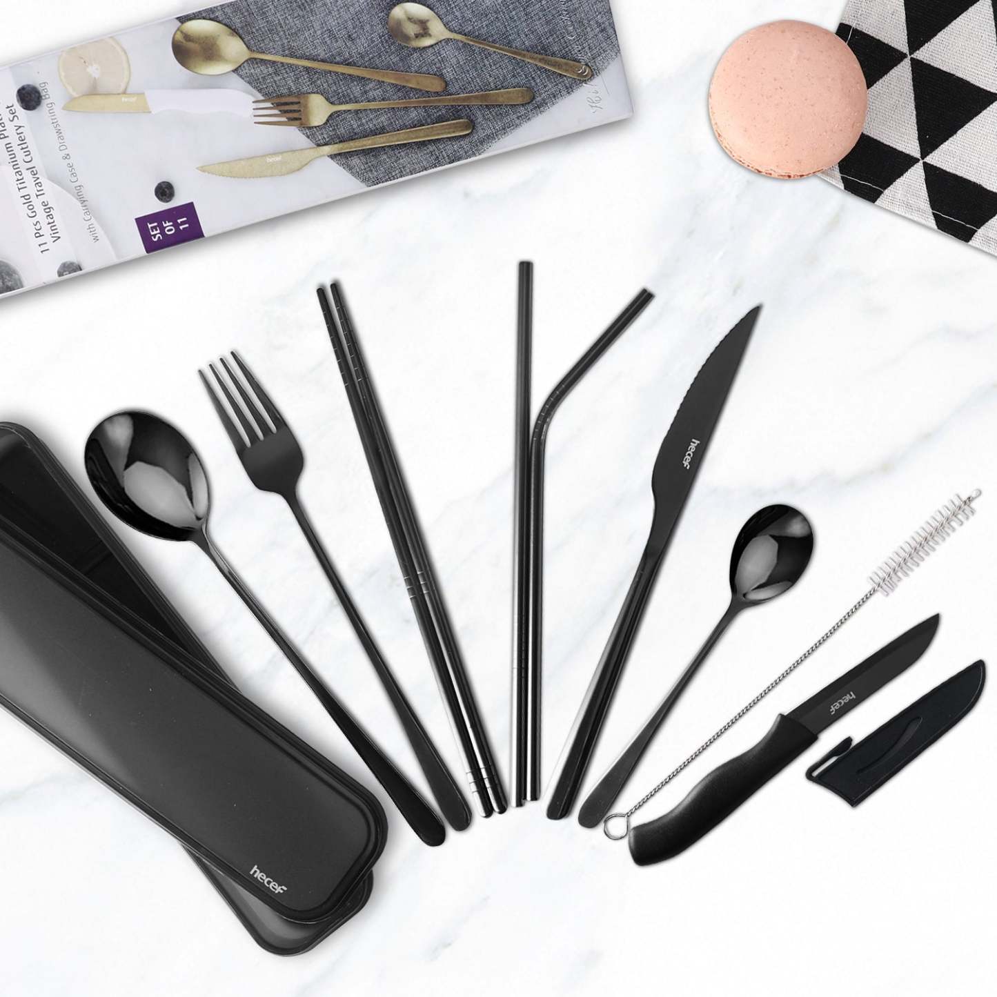 hecef 11 PCS Black Titanium Plating Travel Cutlery Set with Compact Carrying Box& Bag, Reusable Stainless Steel Utensils, Handy Flatware Set for Work, School, Camping and Travel (Black) - Hecef Kitchen