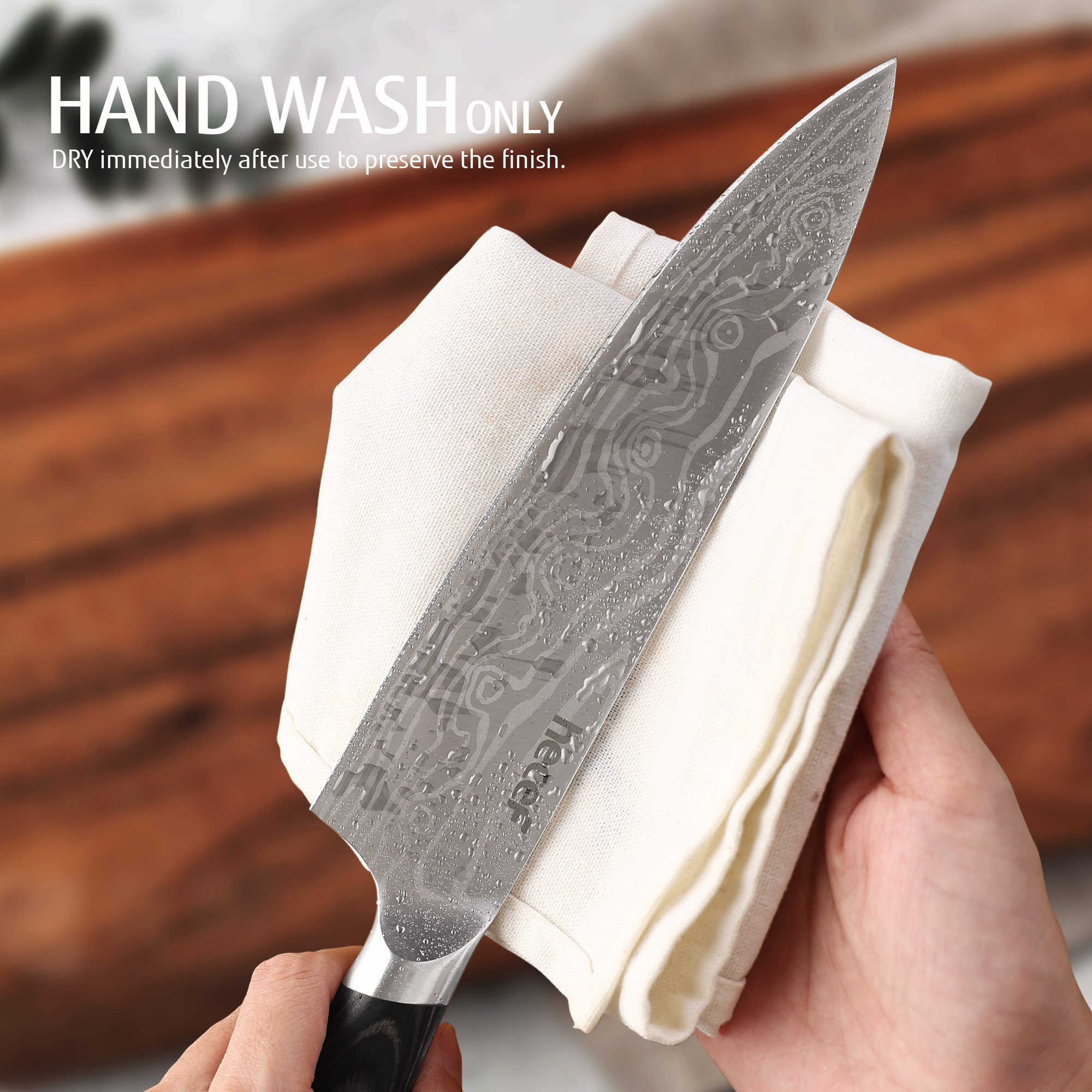 hecef 3PCS Professional Knife Set Stainless Steel Ergonomic wood Handle Laser Damascus Pattern Extra Sharp and Versatile, For Chef, Nakiri & Utility Knife, Perfect for all Kitchen Tasks