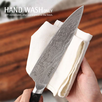 hecef 3PCS Professional Knife Set Stainless Steel Ergonomic wood Handle Laser Damascus Pattern Extra Sharp and Versatile, For Chef, Nakiri & Utility Knife, Perfect for all Kitchen Tasks
