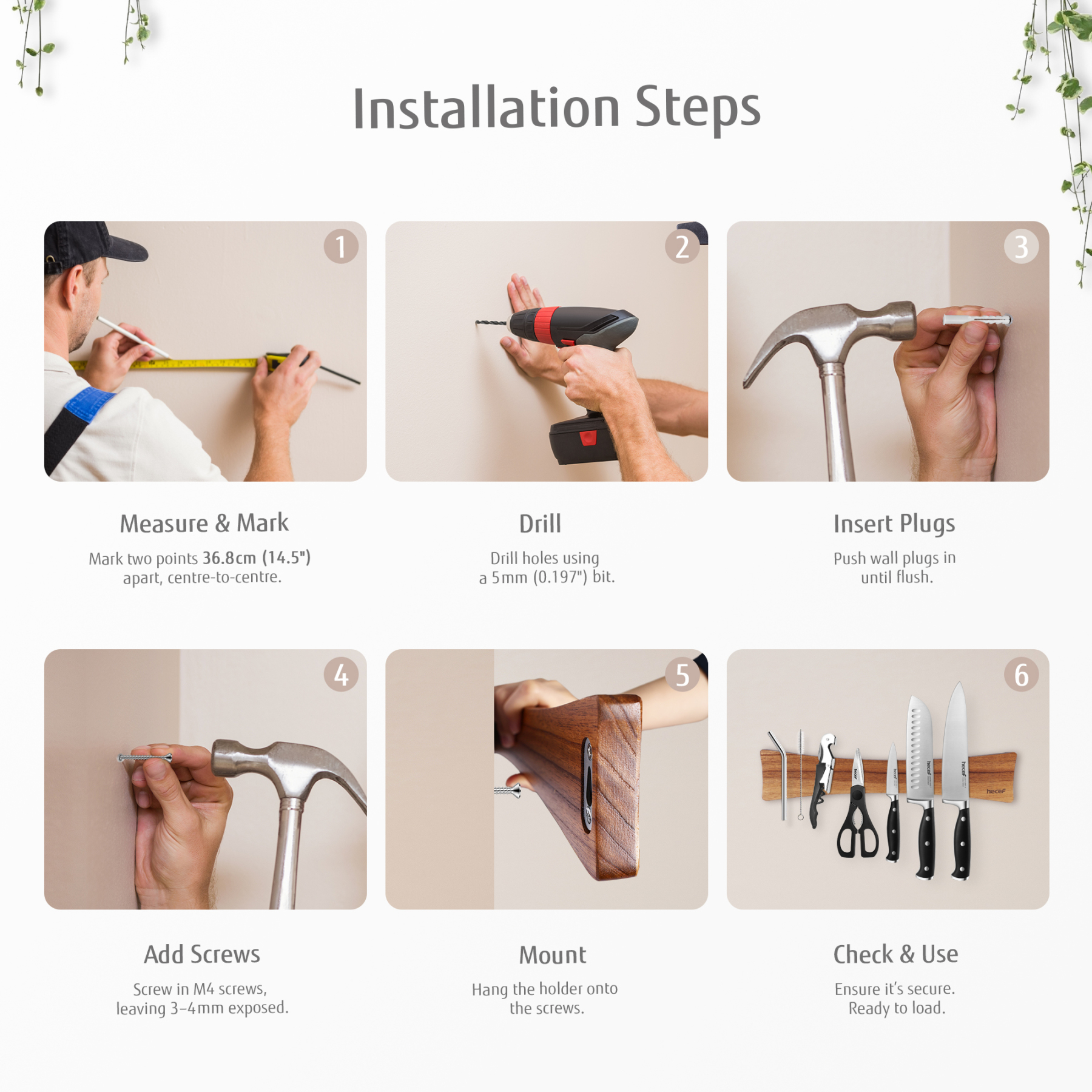 Hecef 15.7 In Chinaberry Wood Magnetic Knife Strip with Powerful Magnets for Wall, Kitchen Knife Organizer Rack