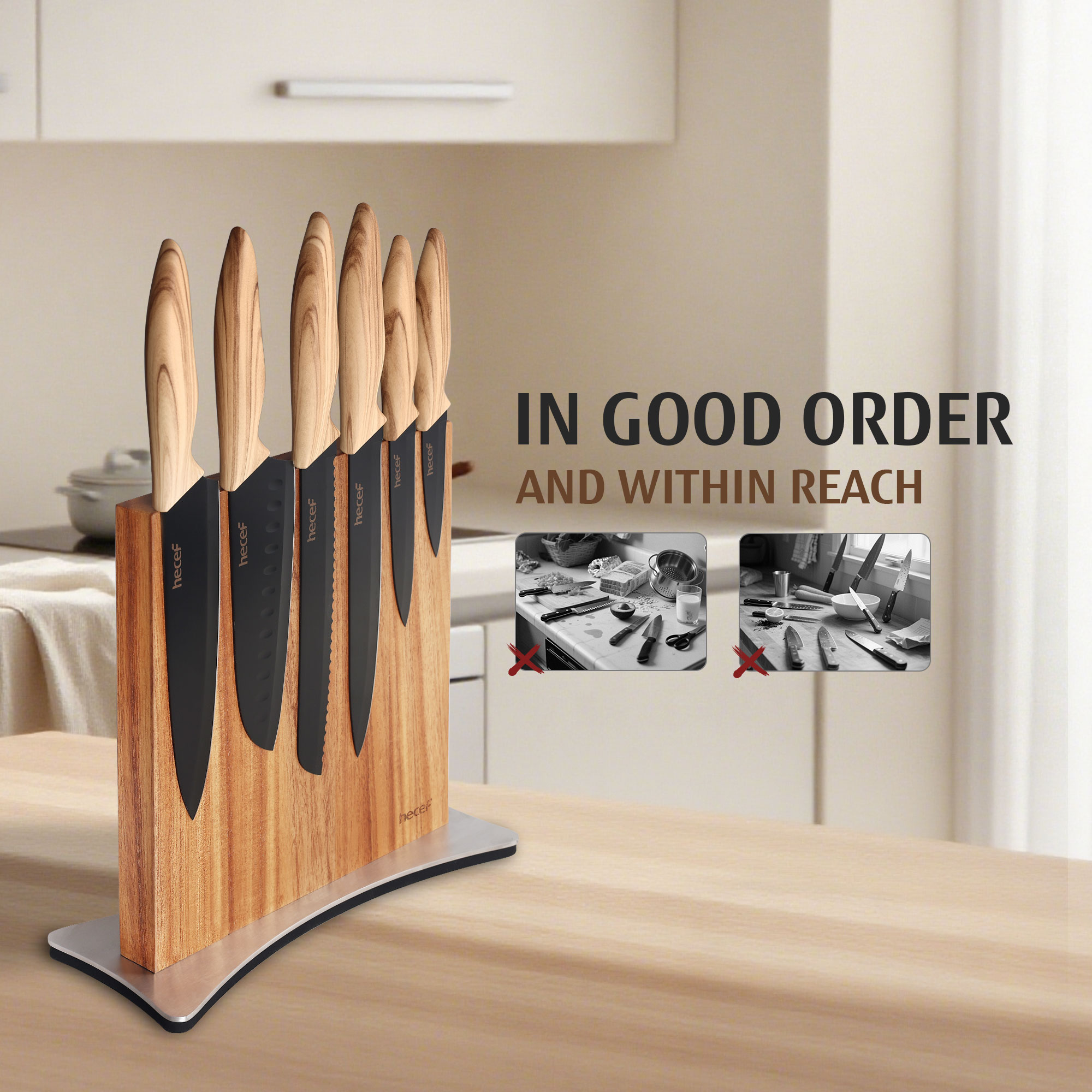 Hecef Double-Sided Magnetic Knife Block, Chinaberry Wood Knife Holder with Stainless Steel Base