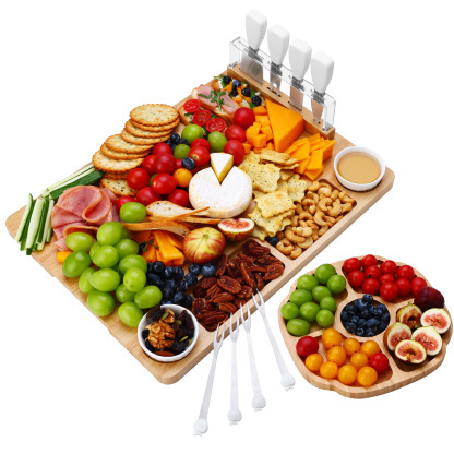 Hecef Bamboo Cheese Board and Knife Set, 13-Piece Large Charcuterie Serving Tray, 17 in