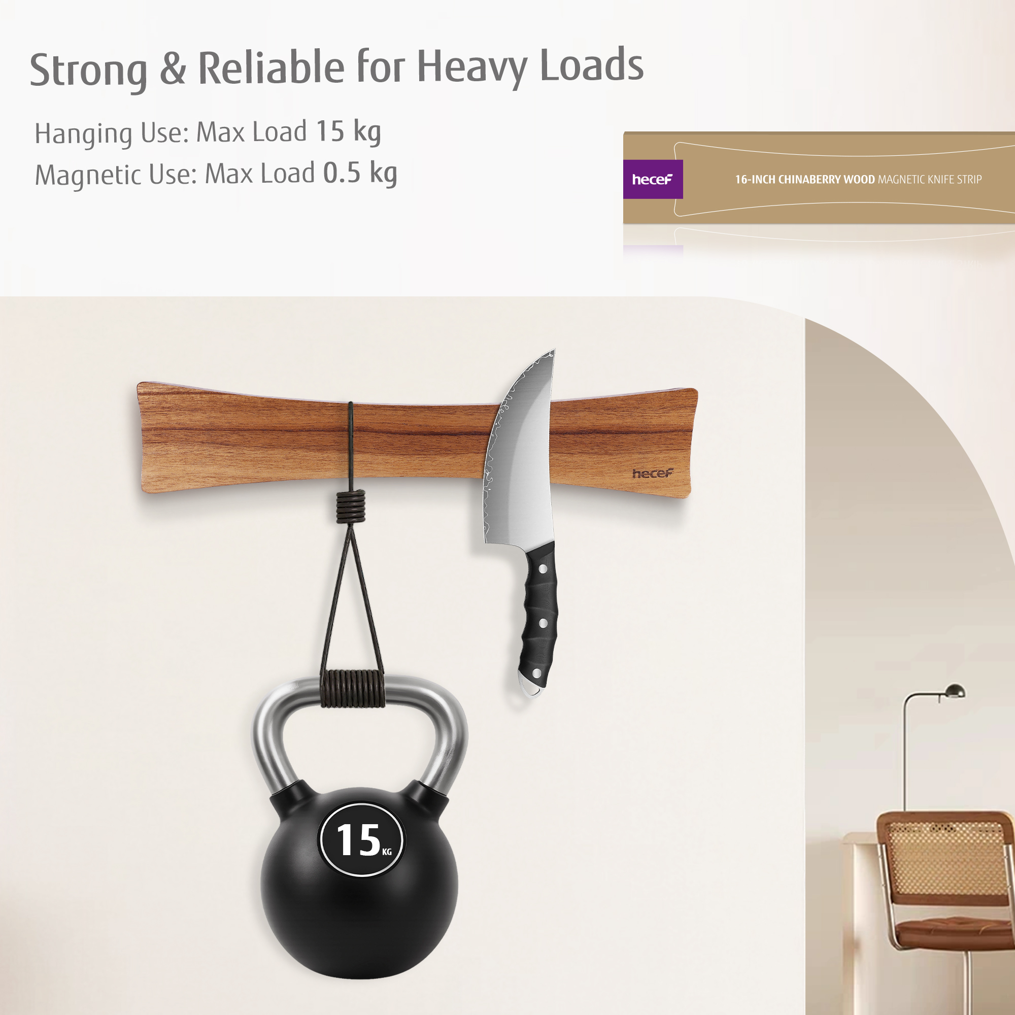Hecef 15.7 In Chinaberry Wood Magnetic Knife Strip with Powerful Magnets for Wall, Kitchen Knife Organizer Rack