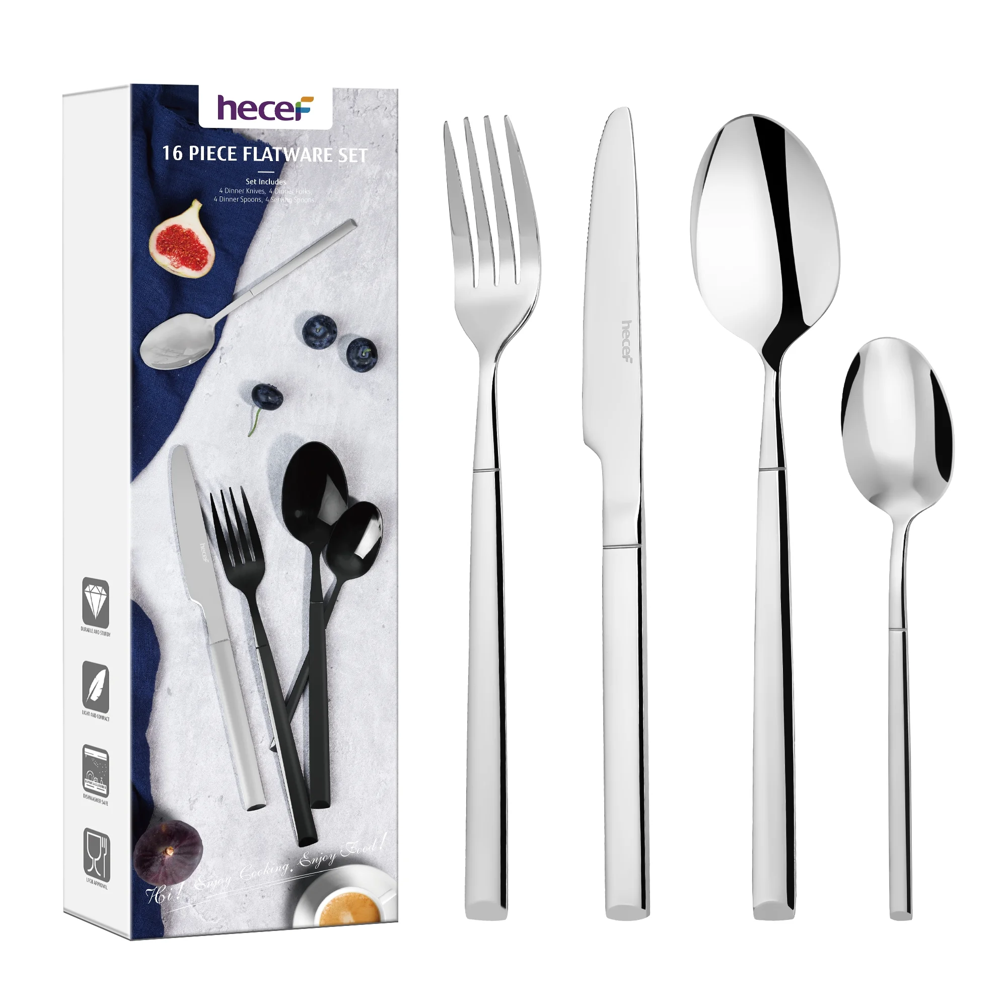 Hecef 16-Piece Silverware Set, Food-Grade Stainless Steel with Spoons, Steak Knife, Fork