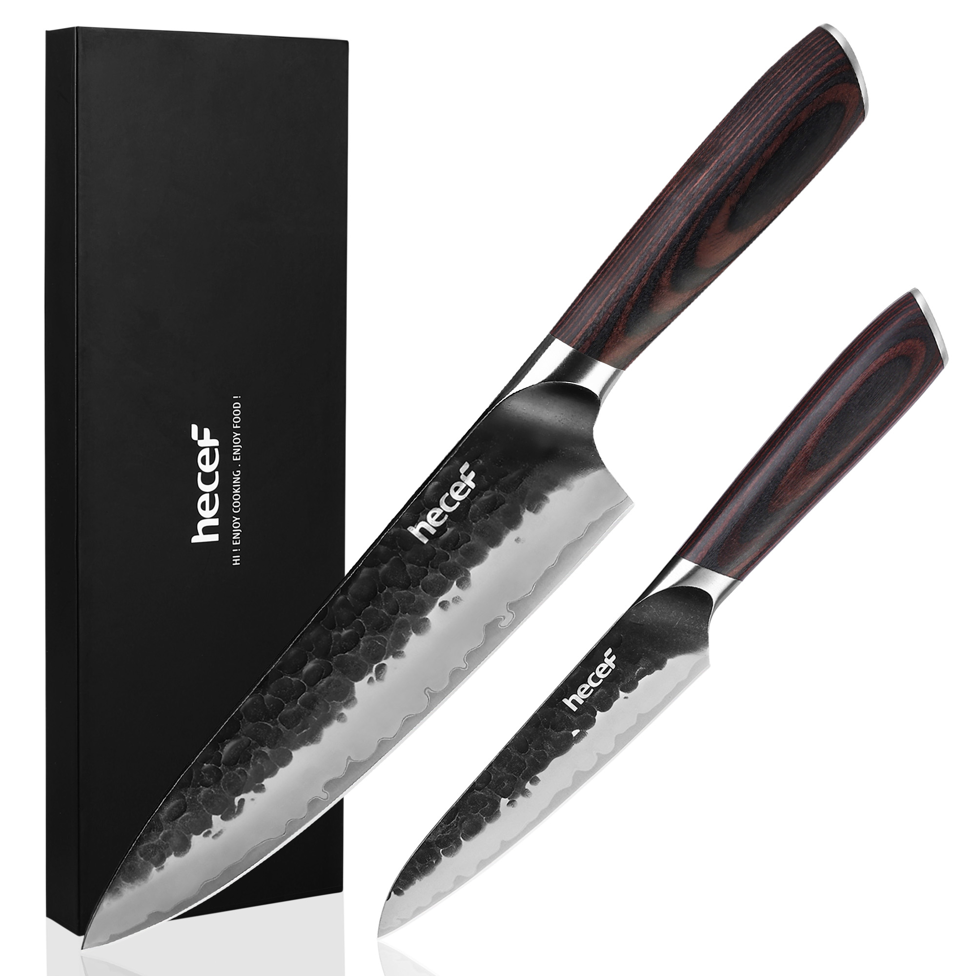 Hecef 2-Piece Kitchen Knife Set, 8-Inch Chef Knife & 5-Inch Utility Knife, 9Cr18Mov High Carbon Stainless Steel, Hammered Clad Blade with Pakkawood Handle, Razor Sharp Cooking Knives