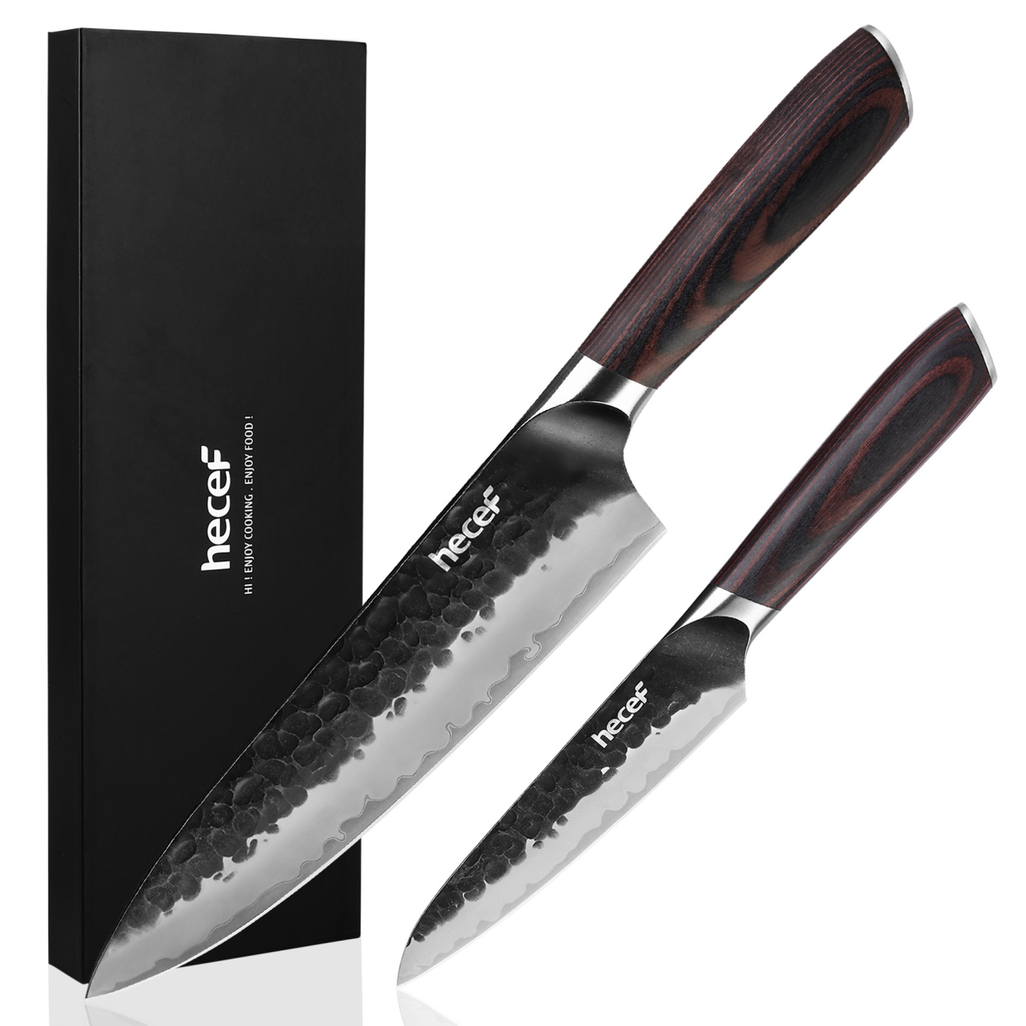 Hecef 2-Piece Kitchen Knife Set, 8-Inch Chef Knife & 5-Inch Utility Knife, 9Cr18Mov High Carbon Stainless Steel, Hammered Clad Blade with Pakkawood Handle, Razor Sharp Cooking Knives