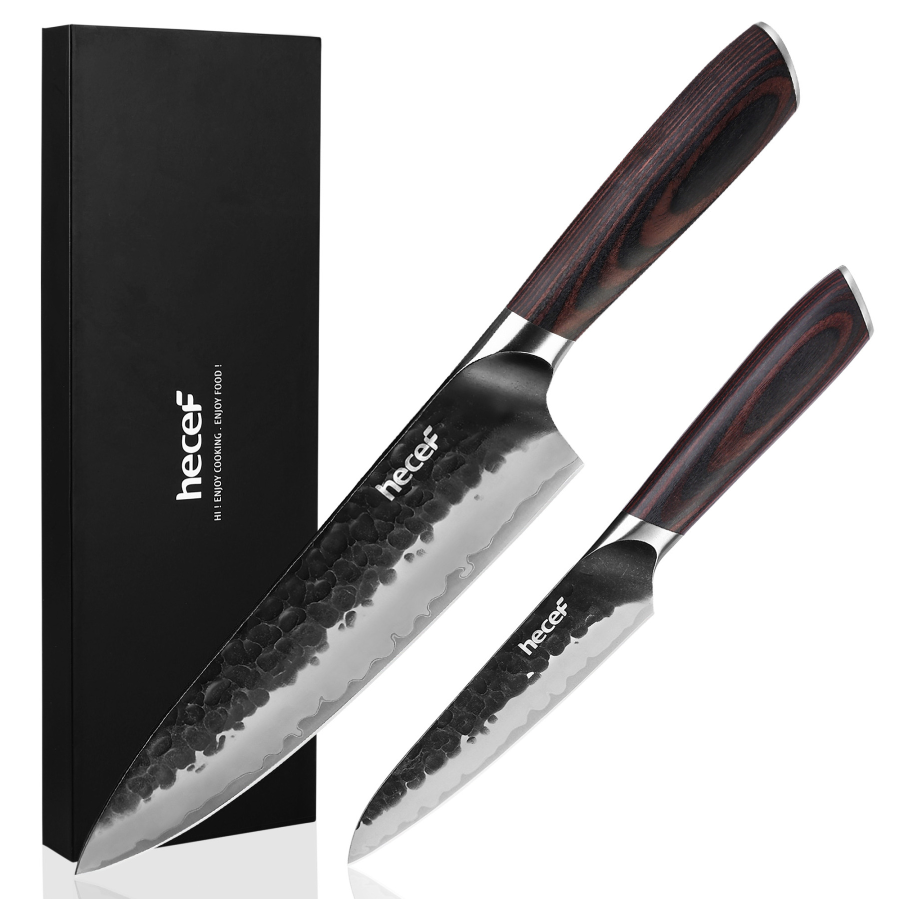 Hecef 2-Piece Kitchen Knife Set, 8-Inch Chef Knife & 5-Inch Utility Knife, 9Cr18Mov High Carbon Stainless Steel, Hammered Clad Blade with Pakkawood Handle, Razor Sharp Cooking Knives