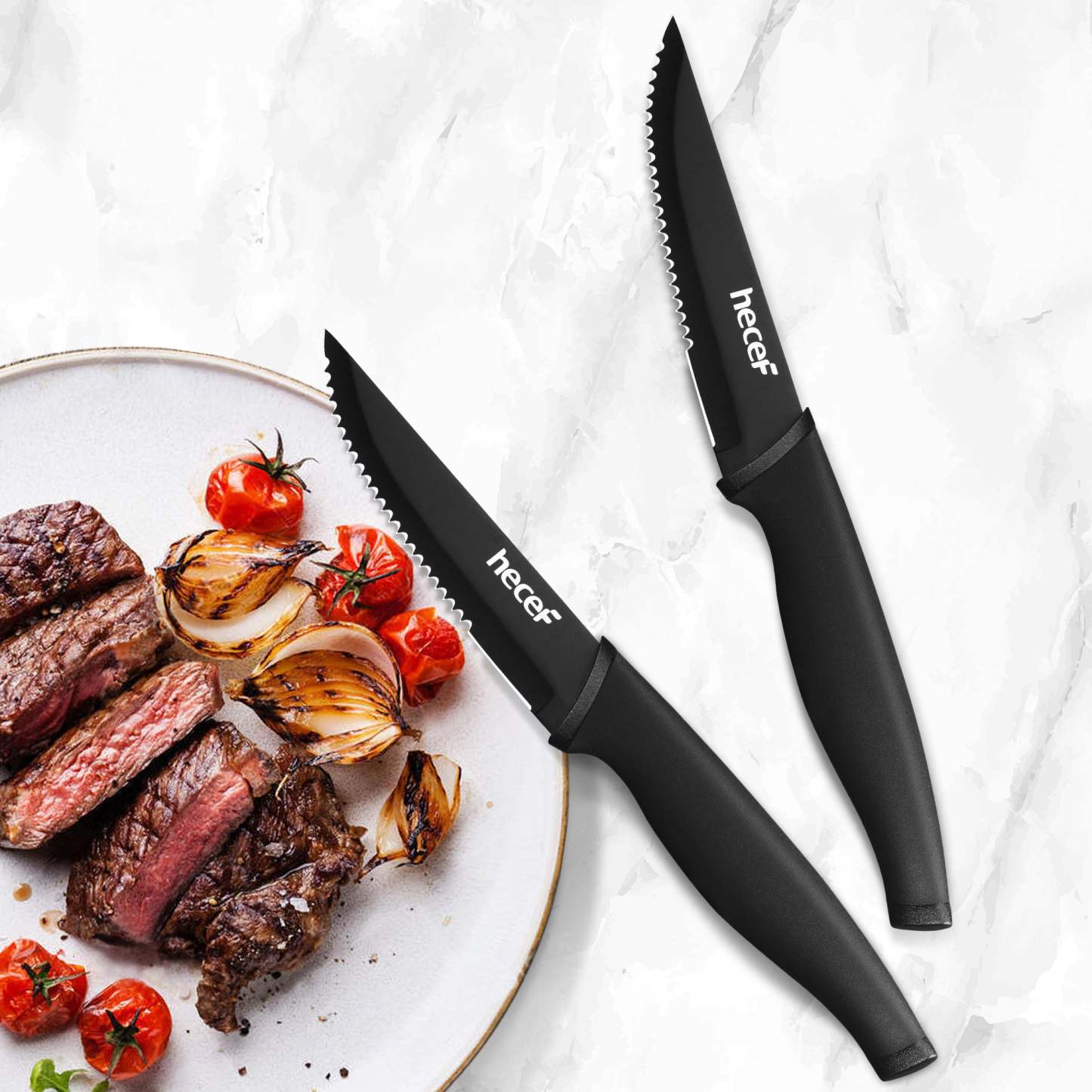 Hecef Black Oxide Steak Knives Set of 8, Dishwasher Safe High Carbon Stainless Steel Serrated Knives - Hecef Kitchen