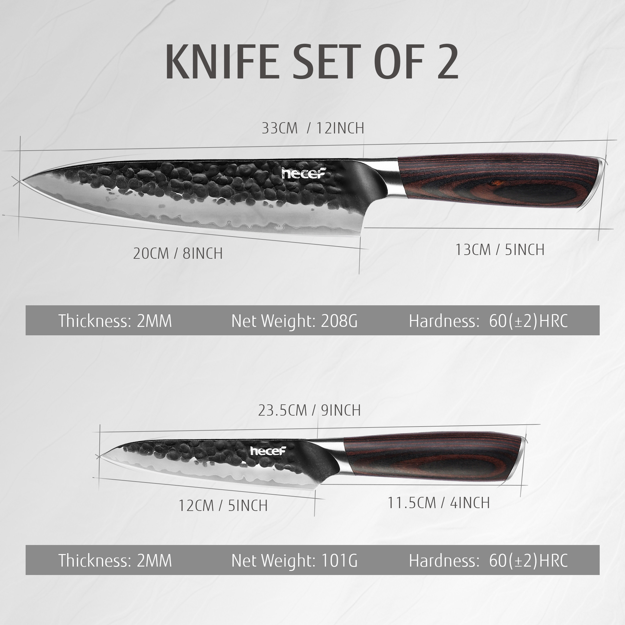 Hecef 2-Piece Kitchen Knife Set, 8-Inch Chef Knife & 5-Inch Utility Knife, 9Cr18Mov High Carbon Stainless Steel, Hammered Clad Blade with Pakkawood Handle, Razor Sharp Cooking Knives