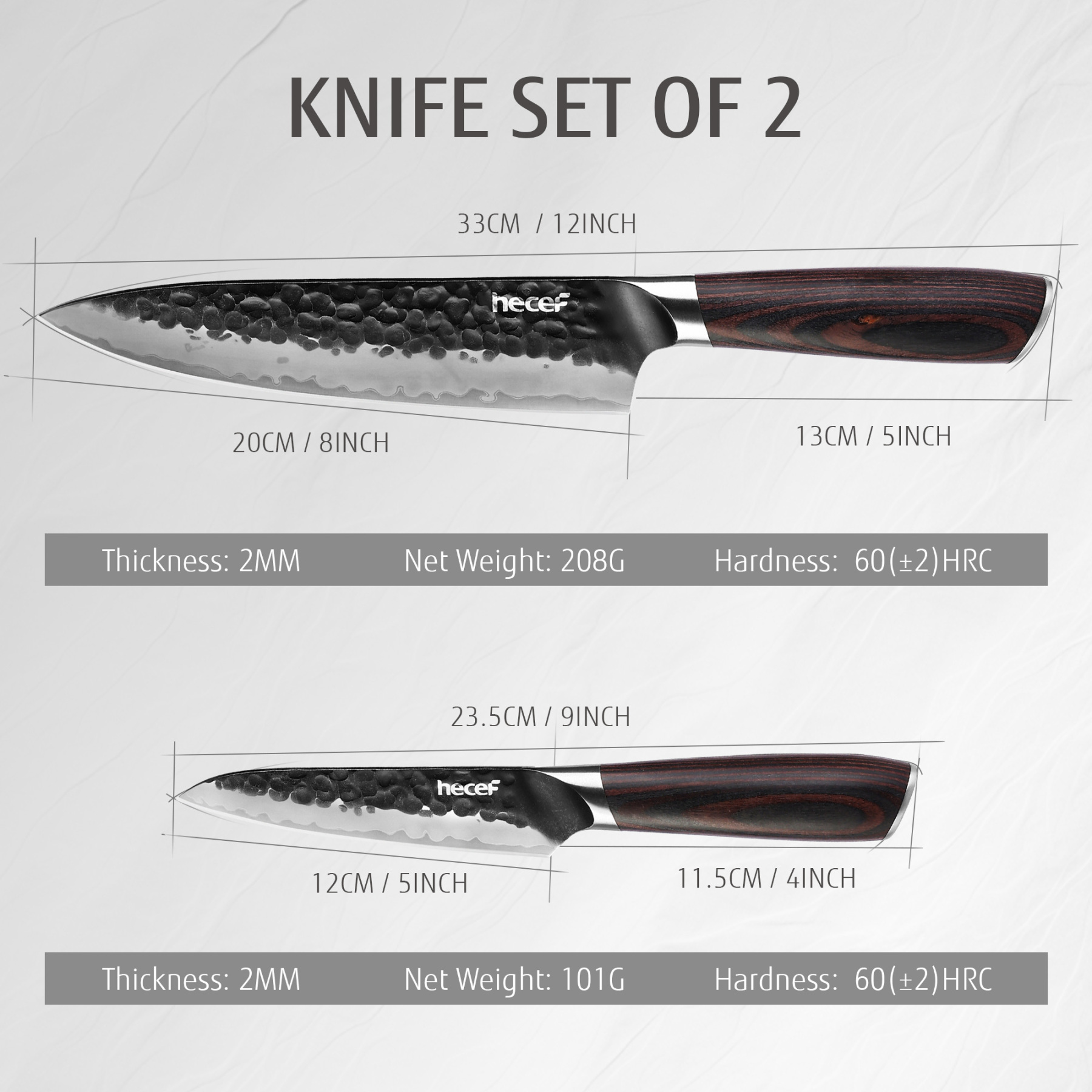 Hecef 2-Piece Kitchen Knife Set, 8-Inch Chef Knife & 5-Inch Utility Knife, 9Cr18Mov High Carbon Stainless Steel, Hammered Clad Blade with Pakkawood Handle, Razor Sharp Cooking Knives