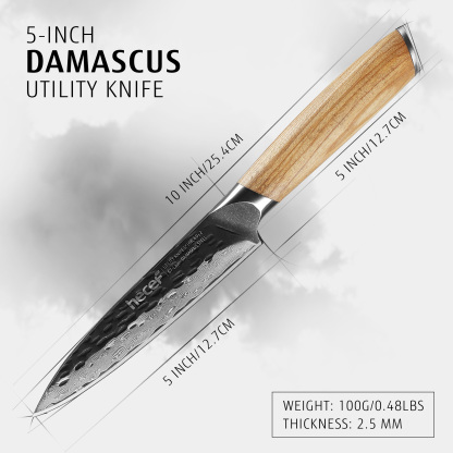 hecef 5 Inch Chef Knife Damascus Professional Japanese Knife, High Carbon Damascus Stainless Steel Kitchen Knife