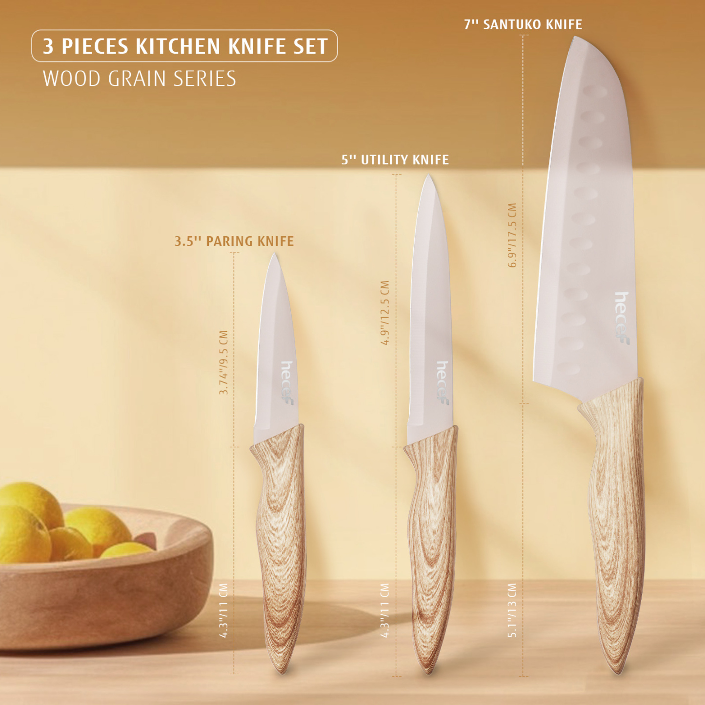 hecef 3-Piece Kitchen Knife Set Non-Stick Coating Knives with Soft-Touch Handle, Professional Sharp Stainless Steel Blade for Chopping, Slicing, and Dicing