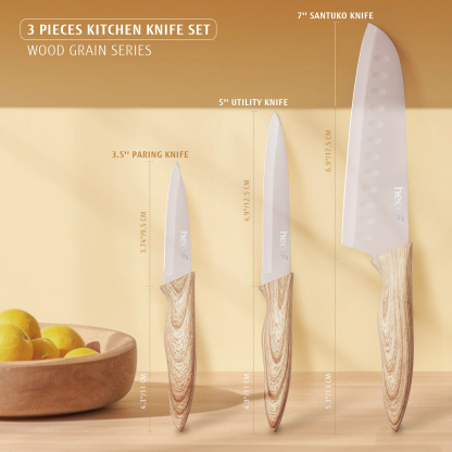 hecef 3-Piece Kitchen Knife Set Non-Stick Coating Knives with Soft-Touch Handle, Professional Sharp Stainless Steel Blade for Chopping, Slicing, and Dicing
