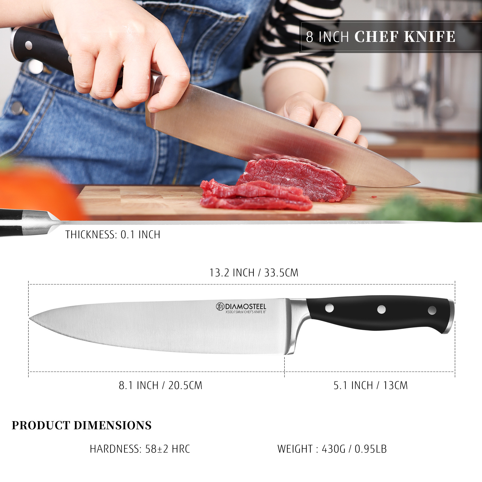 Chef's Knife Premium 8-Inch Kitchen Knife 5CR15MOV High Carbon Stainless Steel with Ergonomic ABS Handle