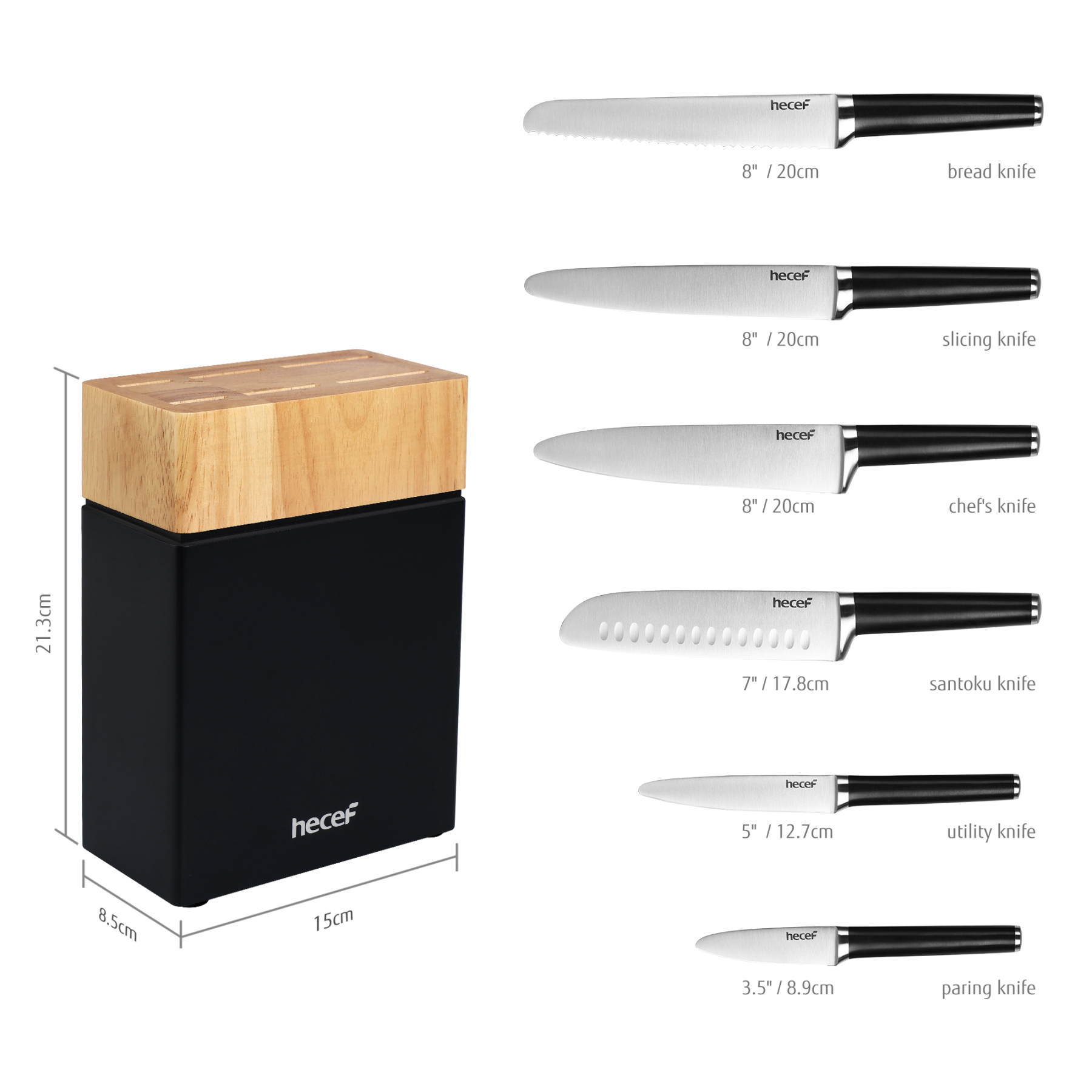 hecef 7pcs knife set with block – forged stainless steel kitchen knives, full tang handle with double bolster Red Dot Design Award, gift idea for the kitchen