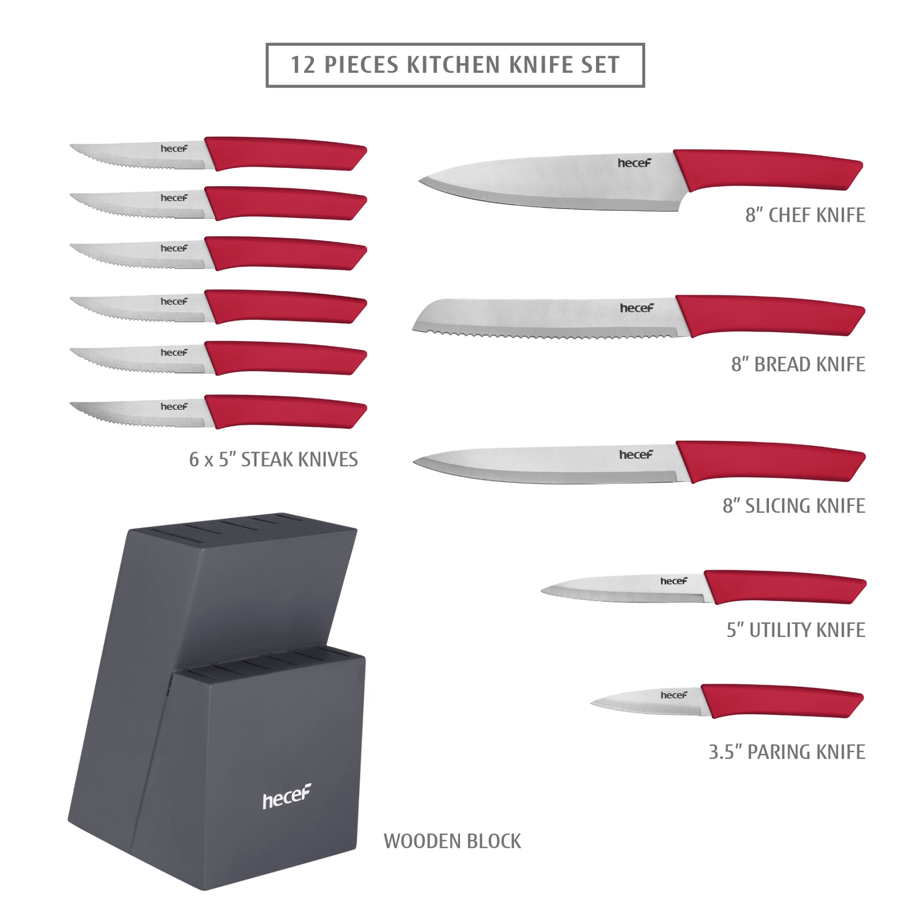 hecef 12 Pieces Knife Set with Wooden Block & Steak Knives Set, Lightweight and Strong High Carbon Stainless Steel Cutlery Set