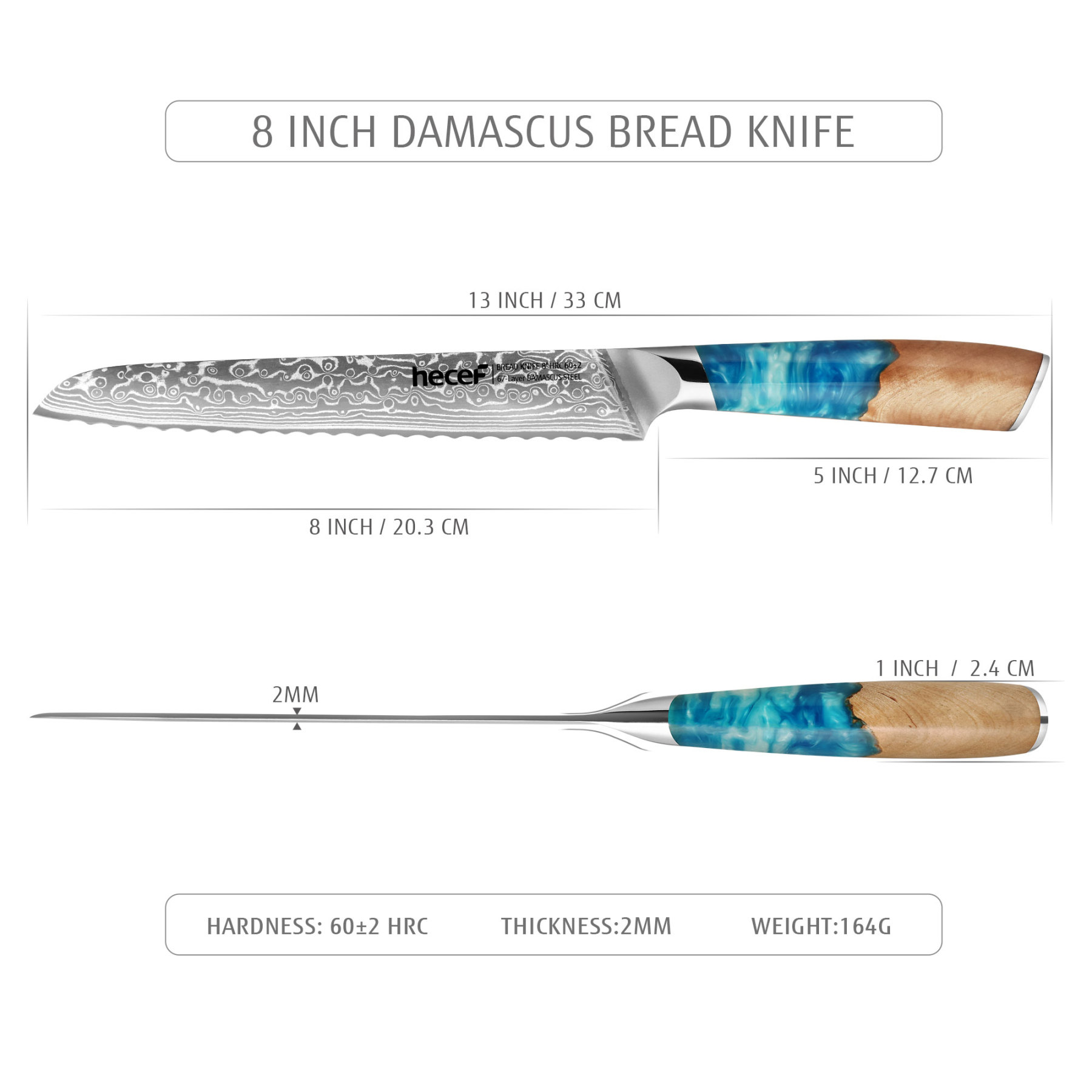 hecef 8.1in Damascus Bread Knife High Carbon Stainless Steel Ultra Sharp Janpanese Kitchen Knives with Resin Handle