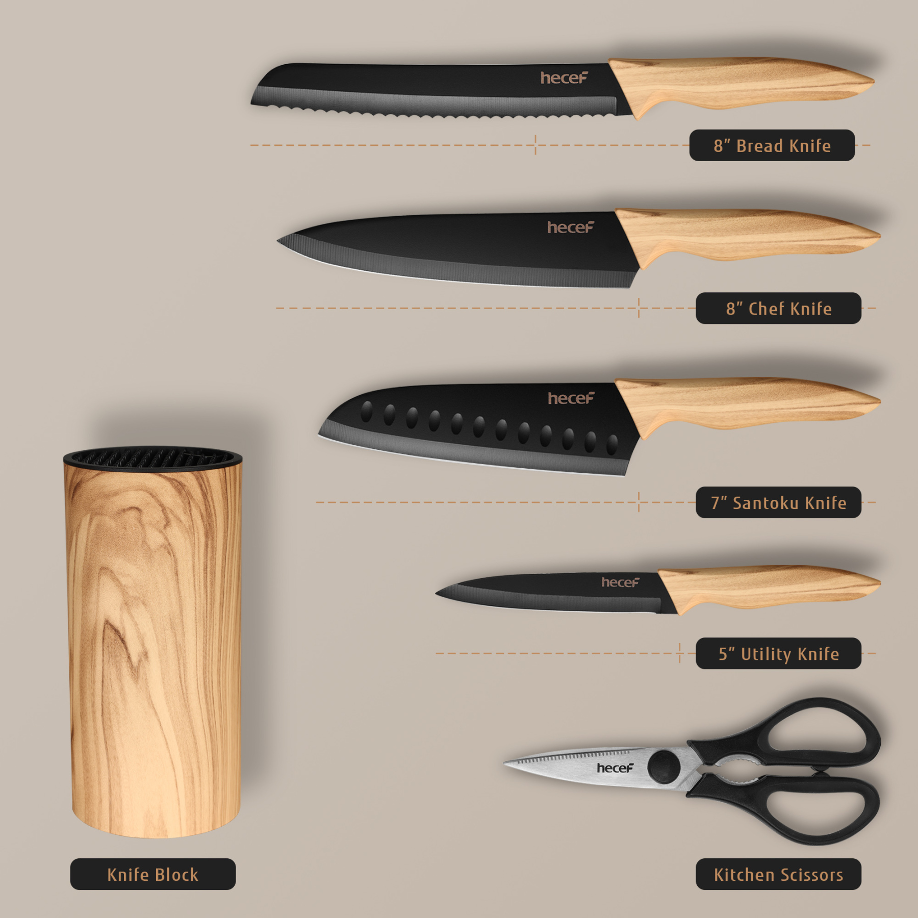 hecef 6-piece kitchen knife set with block stainless steel blades olive wood look chef's knife set