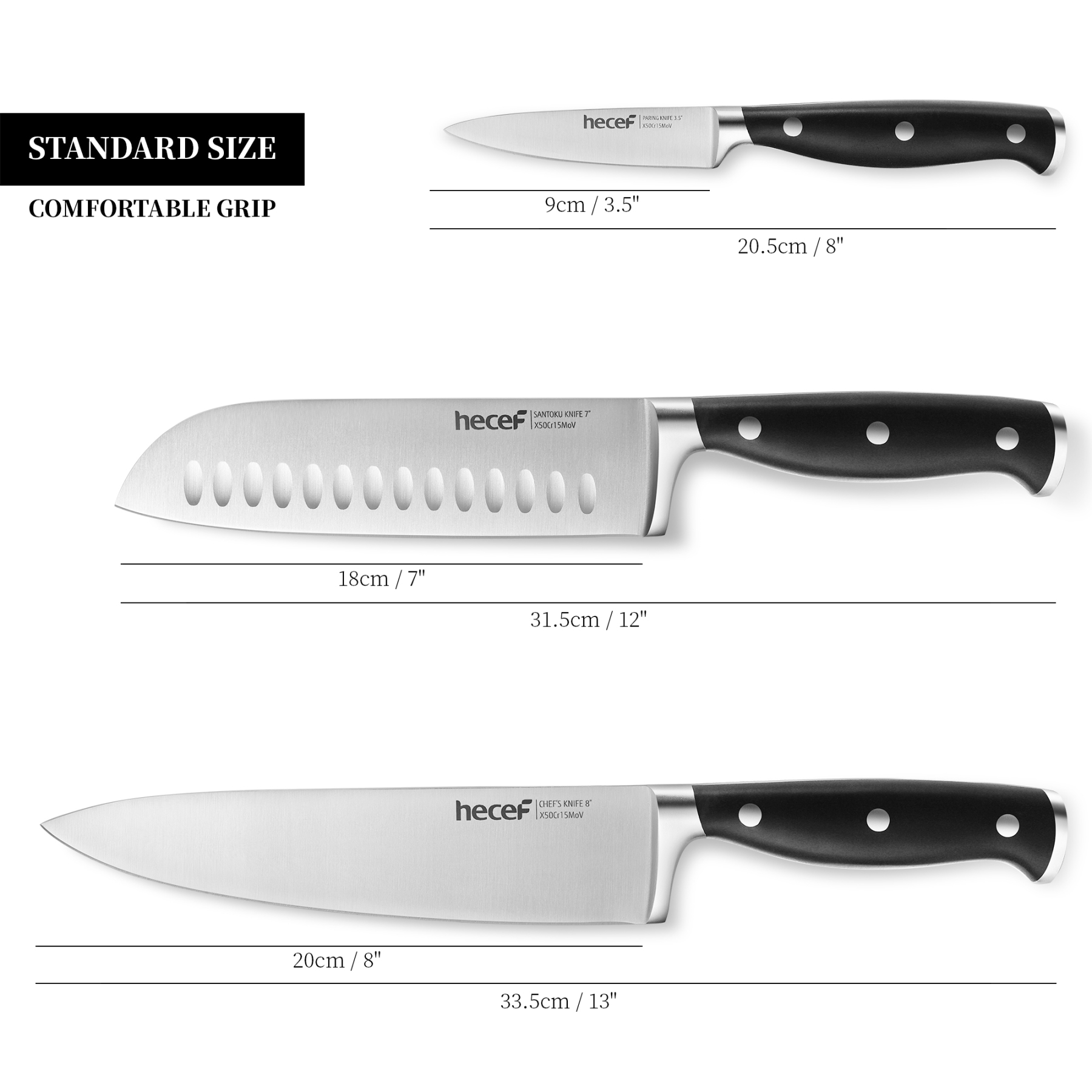 hecef Knife Set, 3-Piece Kitchen Knife Set with Ergonomic ABS Handle, Full Tang, Sharp Chef's Knife, Professional Knife Made of High-Quality Carbon Stainless Steel with Chef's Knife, Santukum Knife