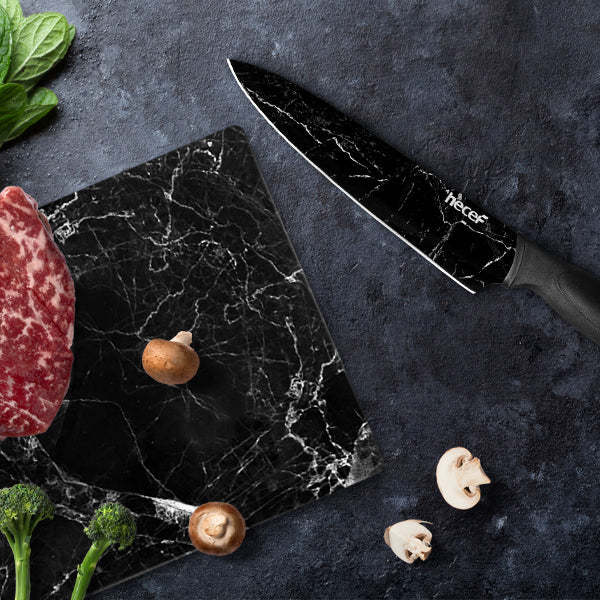 hecef Marble Pattern Kitchen Knife Set of 5, Premium Stainless Steel Blade with Ergonomic Handle(PP+TPR Material)includes Santoku, Chef, Bread, Utility and Paring Knife - Hecef Kitchen