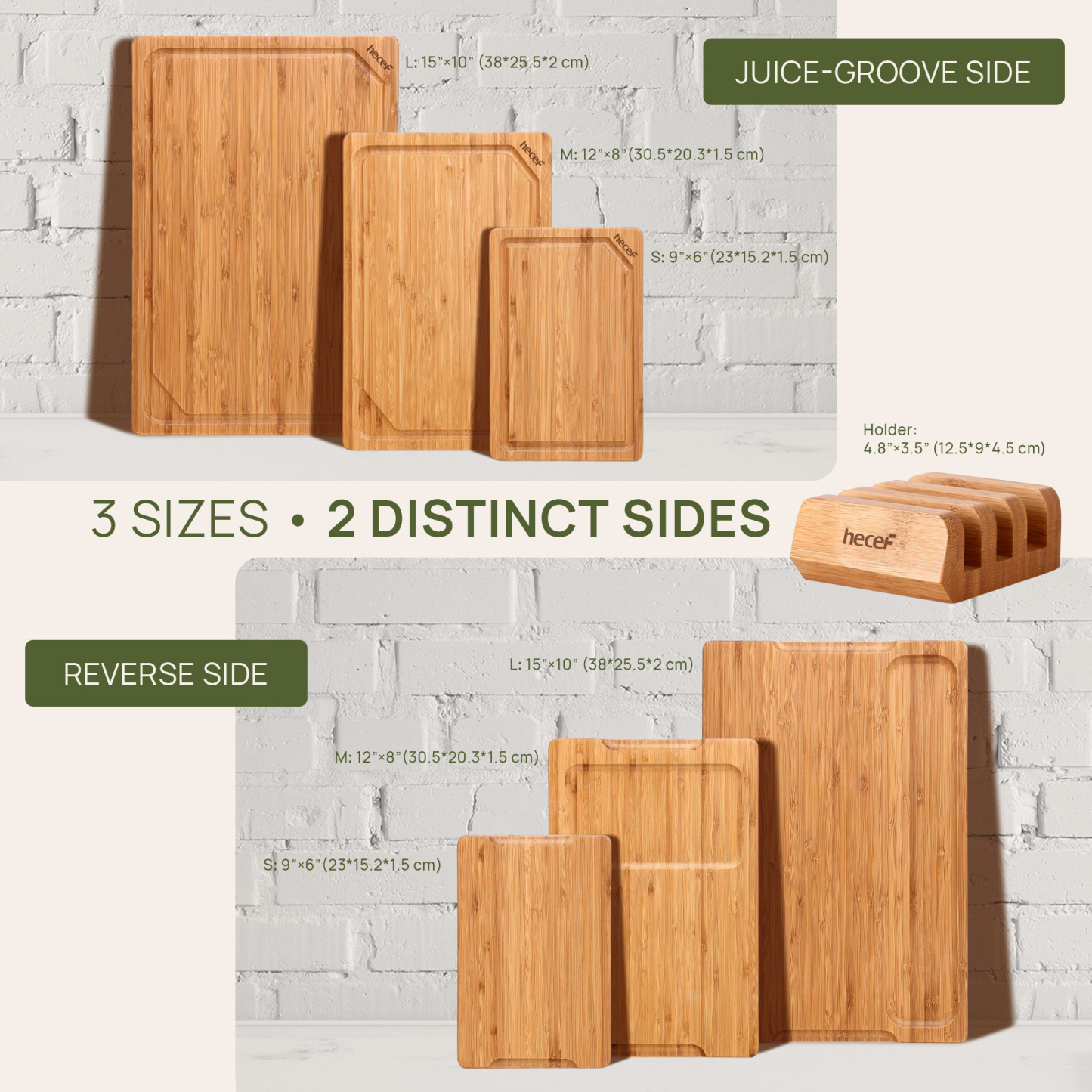 Hecef Carbonized Bamboo Cutting Board Set With Stand, 3 Reversible Chopping And Serving Boards, 15 Inch