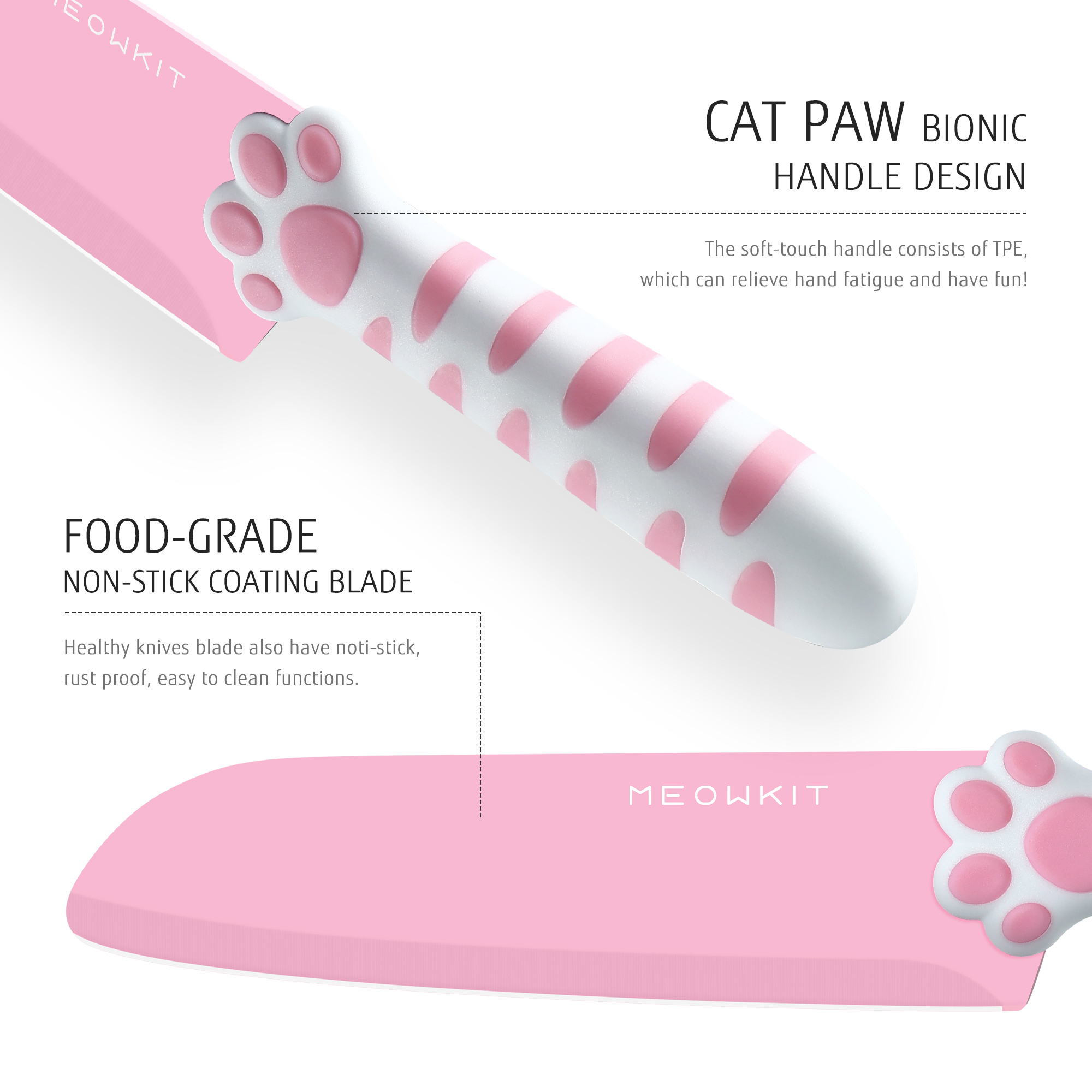 Meowkit Pink 3PCS Kitchen Knife Set Non-stick Coating Blade-PINK