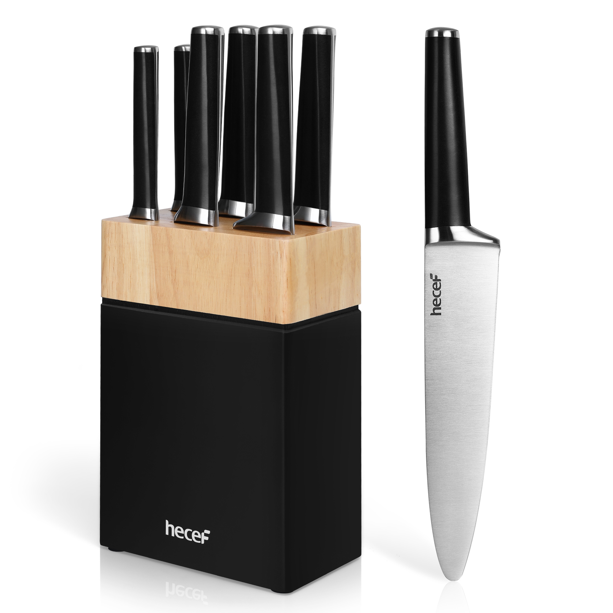 hecef 7pcs knife set with block – forged stainless steel kitchen knives, full tang handle with double bolster Red Dot Design Award, gift idea for the kitchen