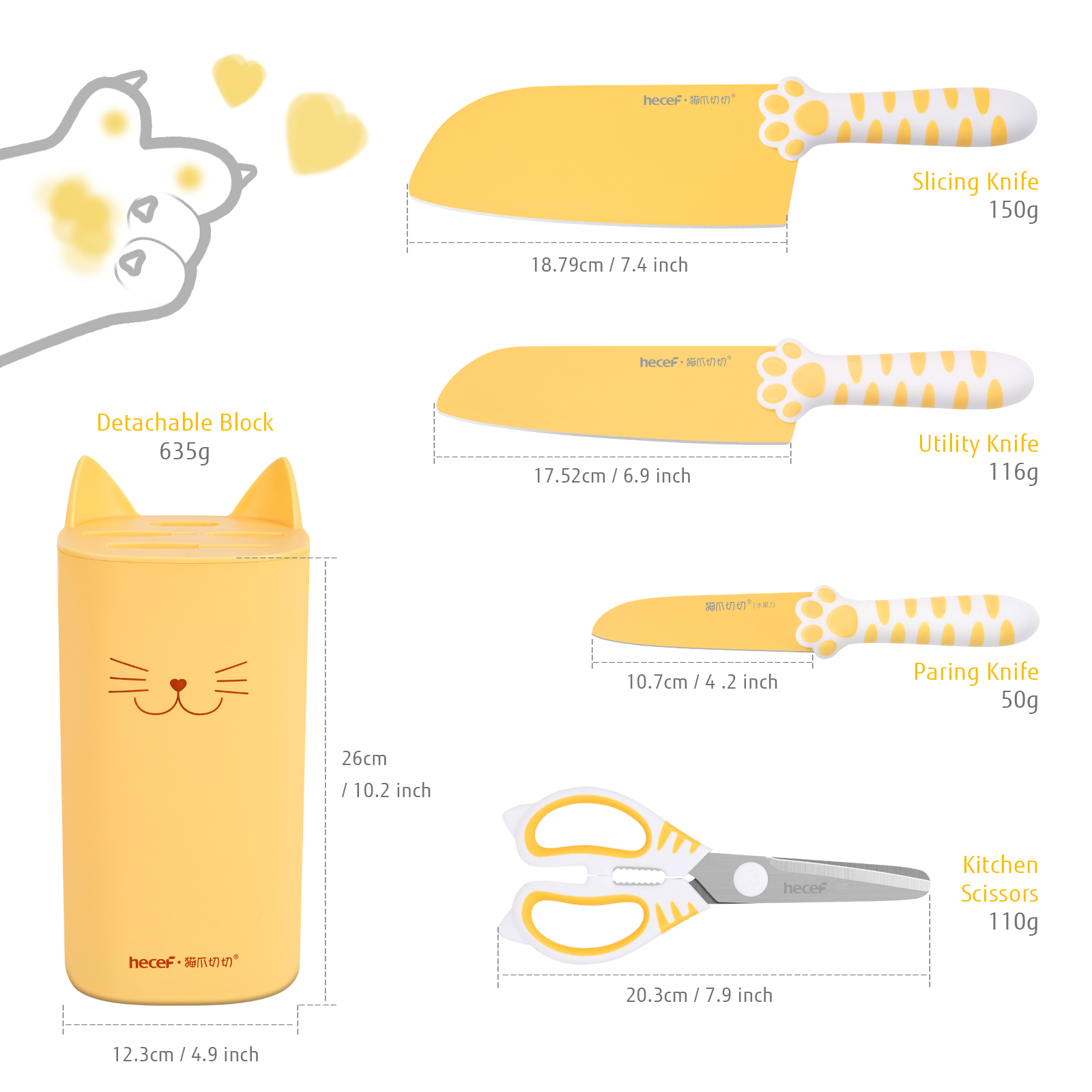 Hecef Cute Kitchen Knife Set,5-piece Non-Stick Knives Set with Detachable Block and Scissors,Sharp Kitchen Knives for Chopping, Slicing, Dicing and Cutting