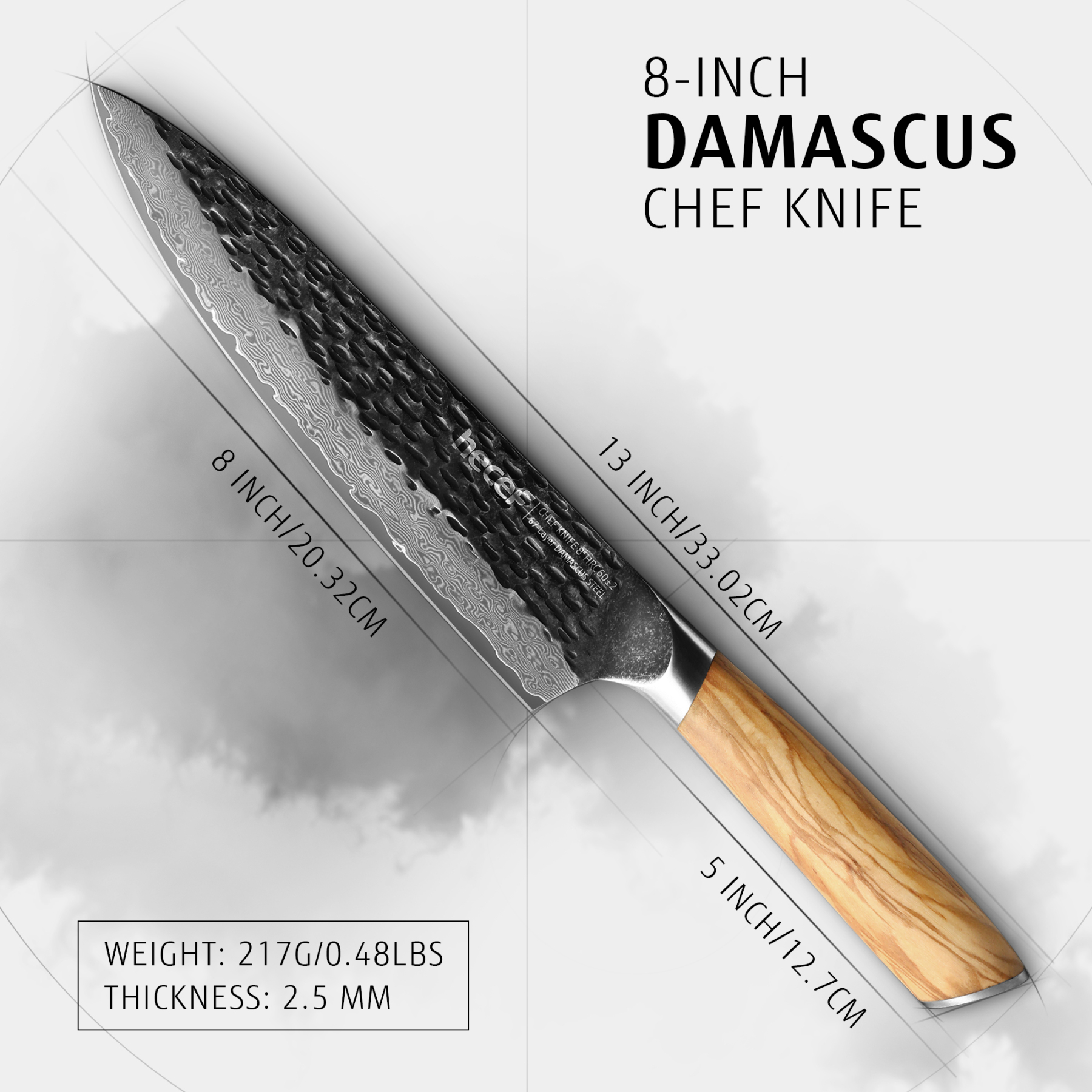 Hecef 8-Inch Japanese Chef Knife, Forged 67-Layer Damascus Steel Ultra Sharp Professional Hammered Carving Knife