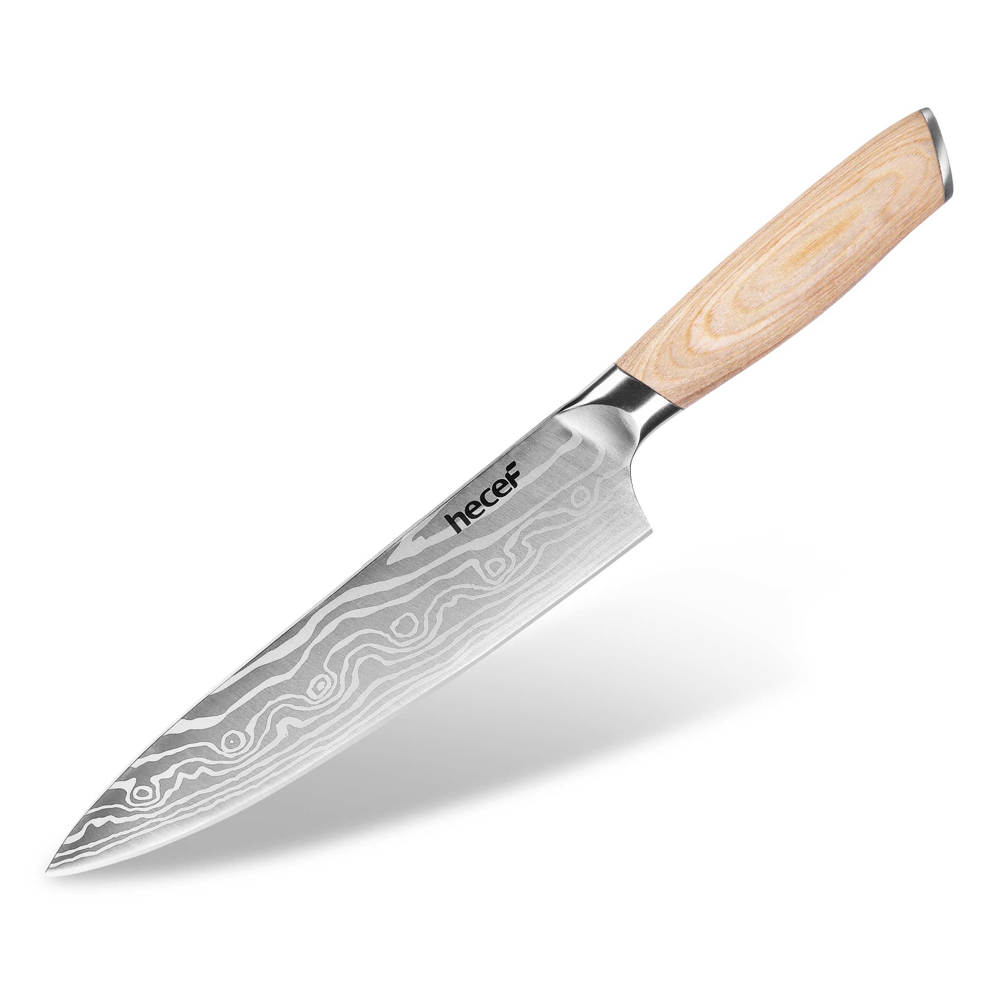 Hecef 8-Inch Chef Knife with Japanese Damascus Pattern Sharp Non-stick Ergonomic Wood Handle