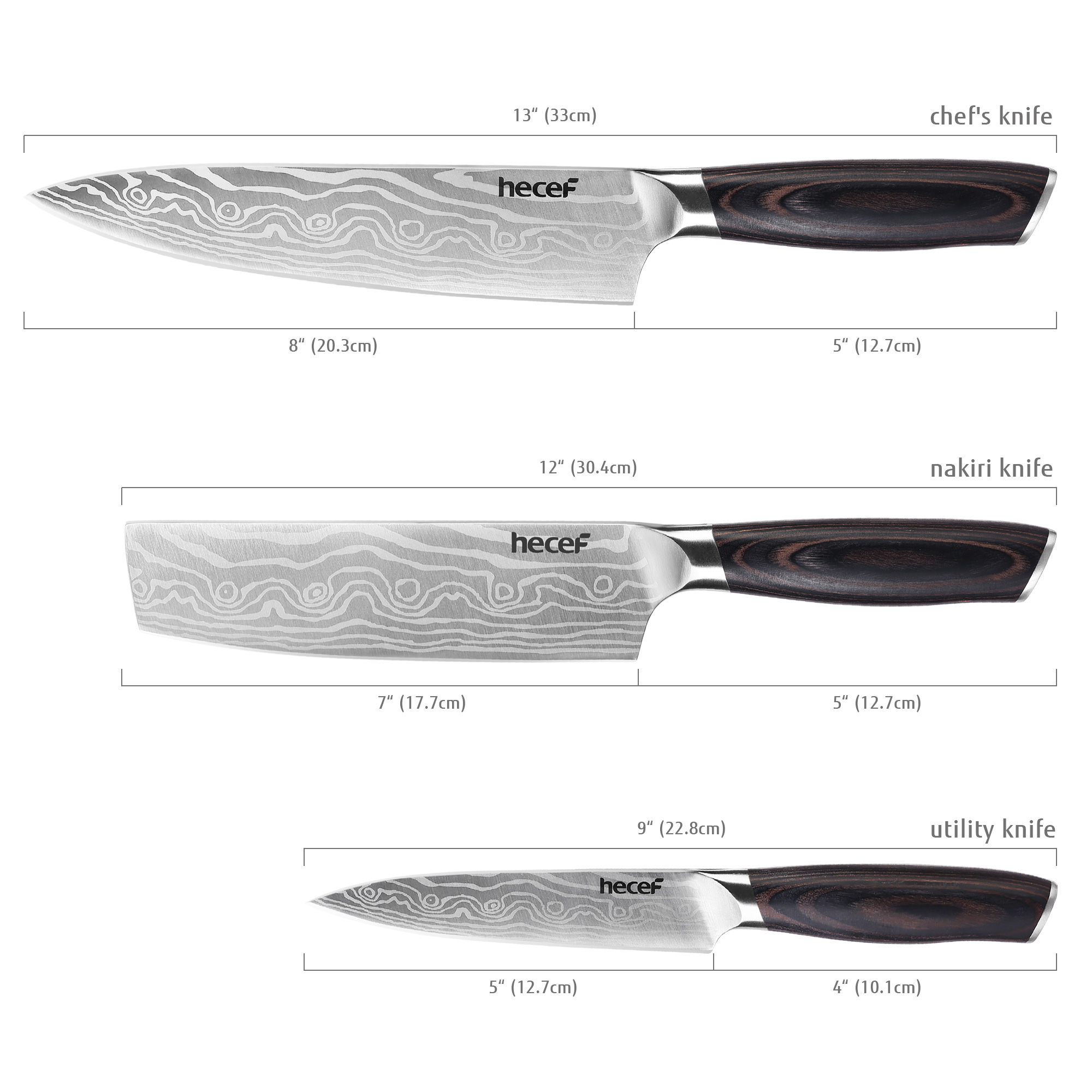 hecef 3PCS Professional Knife Set Stainless Steel Ergonomic wood Handle Laser Damascus Pattern Extra Sharp and Versatile, For Chef, Nakiri & Utility Knife, Perfect for all Kitchen Tasks